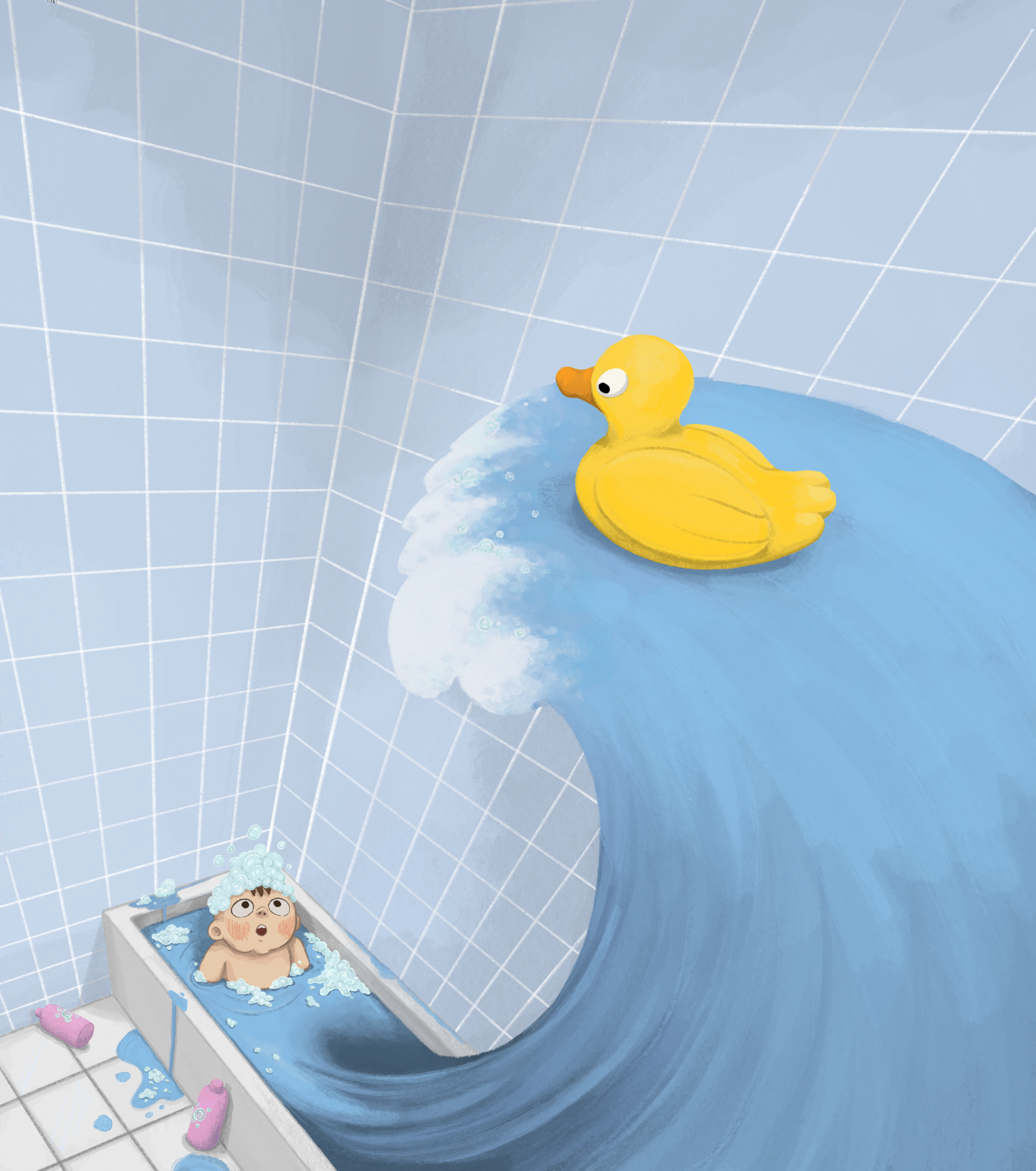 Little boy in the bath, his rubber duck is starting the largest wave pool this bath has ever seen.