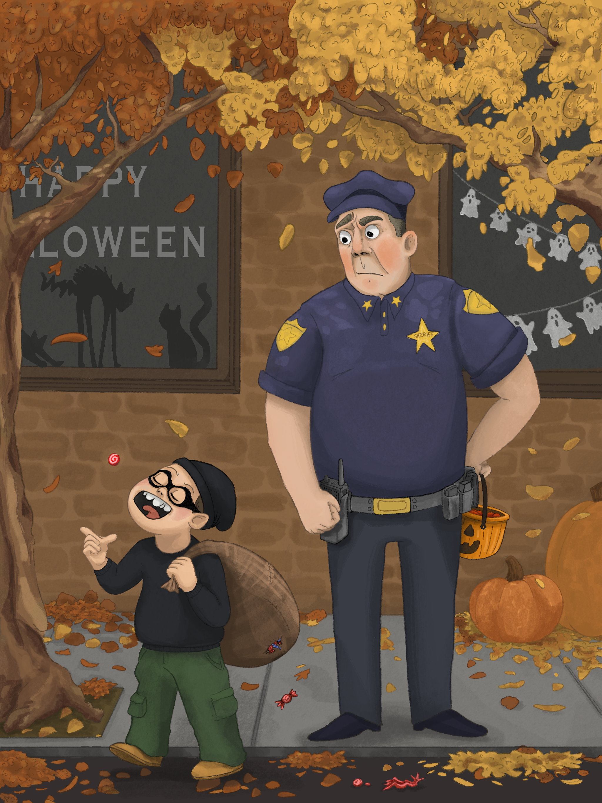 A boy with glasses and a black hat laughing and pointing, standing next to a stern-looking police officer dressed in a blue uniform with a badge, a belt, and a walkie-talkie, surrounded by Halloween decorations including pumpkins, a pumpkin-shaped bu