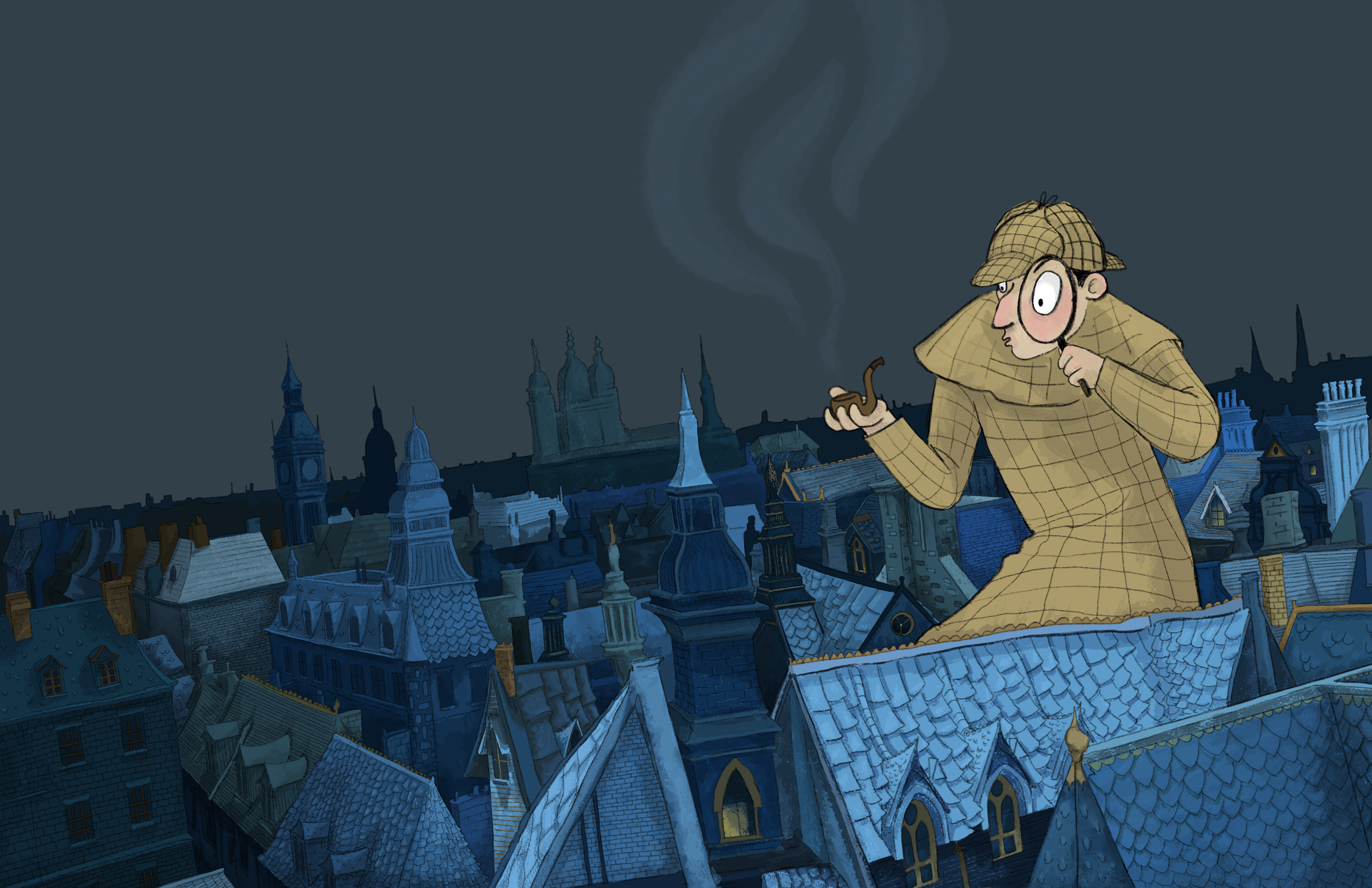 Cartoon detective wearing a deerstalker hat and coat, holding a pipe and magnifying glass, standing on rooftops overlooking a city with various rooftops and spires at night.
