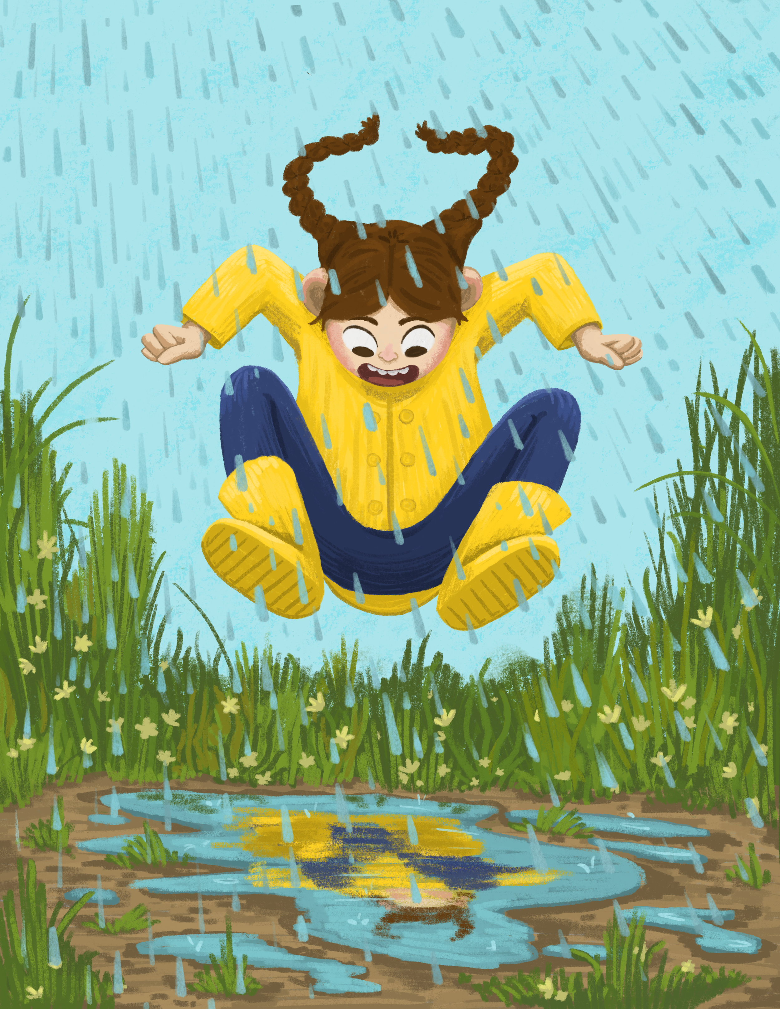 Child in yellow rain jacket and boots jumping into a puddle in the rain, with tall grass and flowers around.