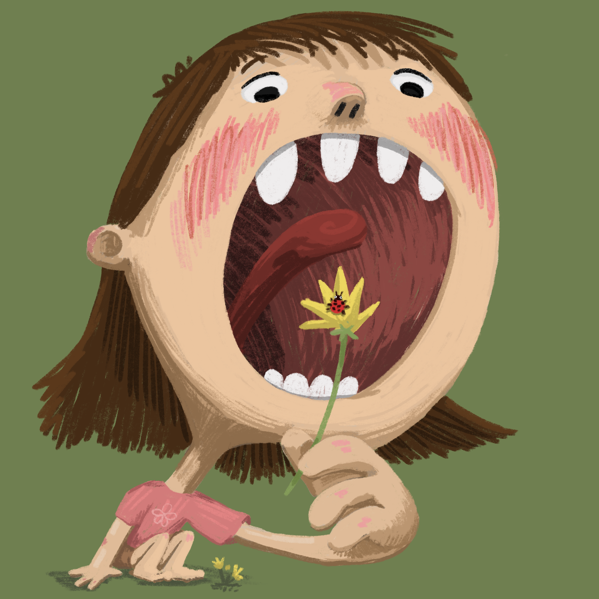 Illustration of a girl with short brown hair and rosy cheeks, holding a flower with a ladybug in her mouth, on a green background.