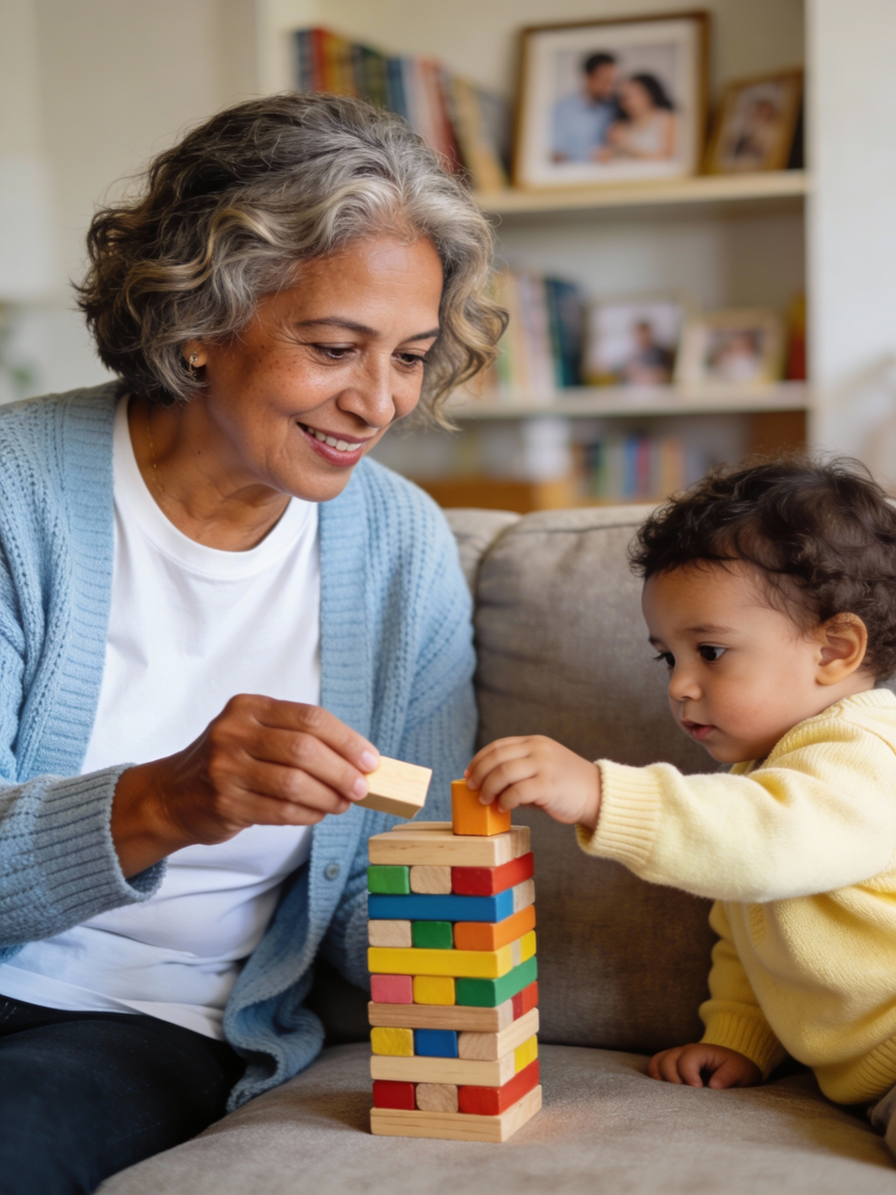 A senior woman and a young child playing with a colorful wooden block stacking toy on a beige carpeted floor in a living room.