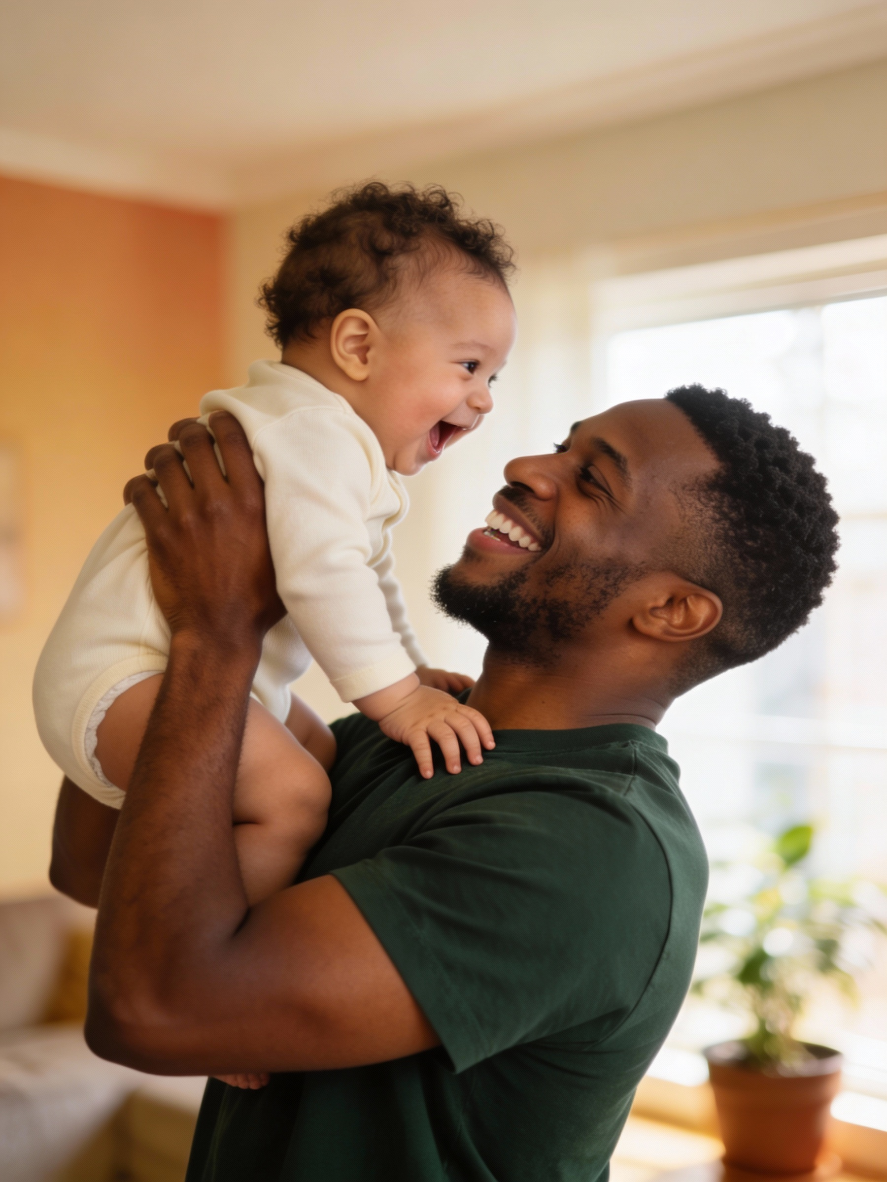 A man with dark curly hair and a beard smiling while holding a happy baby boy with curly hair, indoors with a potted plant in the background.