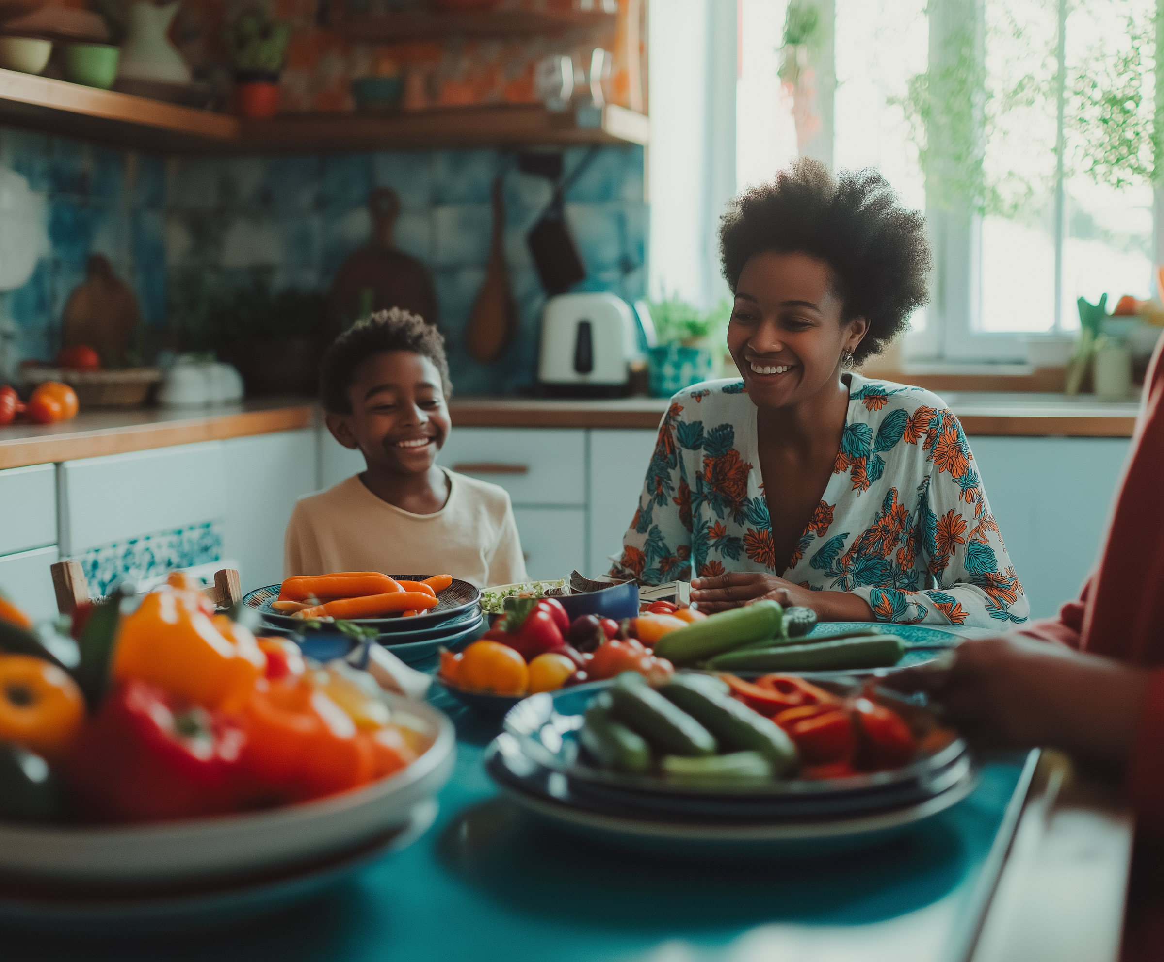A smiling woman and a young boy sitting at a table with bowls of colorful vegetables, in a bright kitchen with natural light and green plants outside the window.
