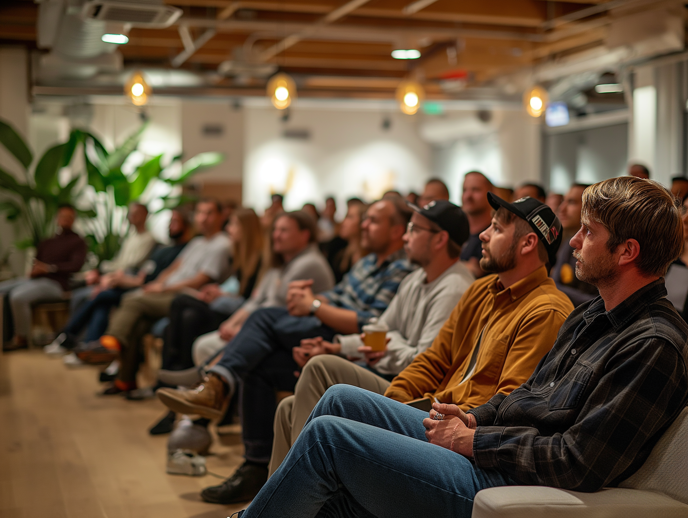 A group of people attending a presentation or lecture indoors, sitting in rows and facing forward, with some holding items like a phone and coffee.