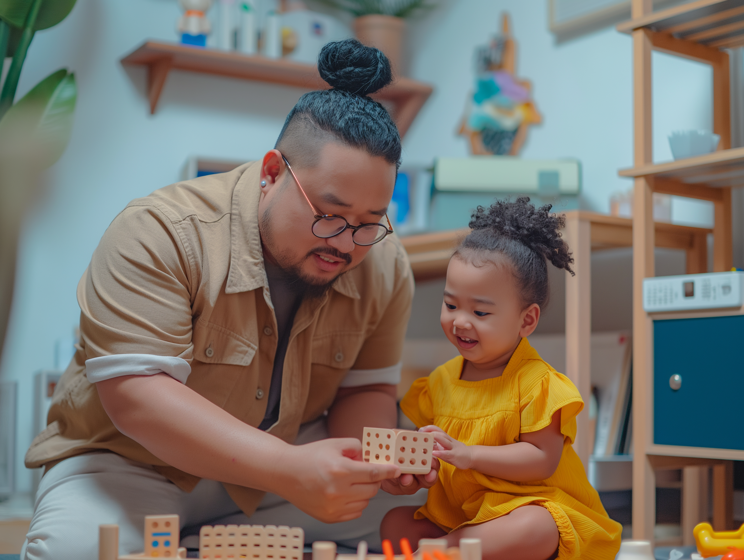 A man and a young girl playing dominoes together in a cozy, brightly lit room with shelves and houseplants.