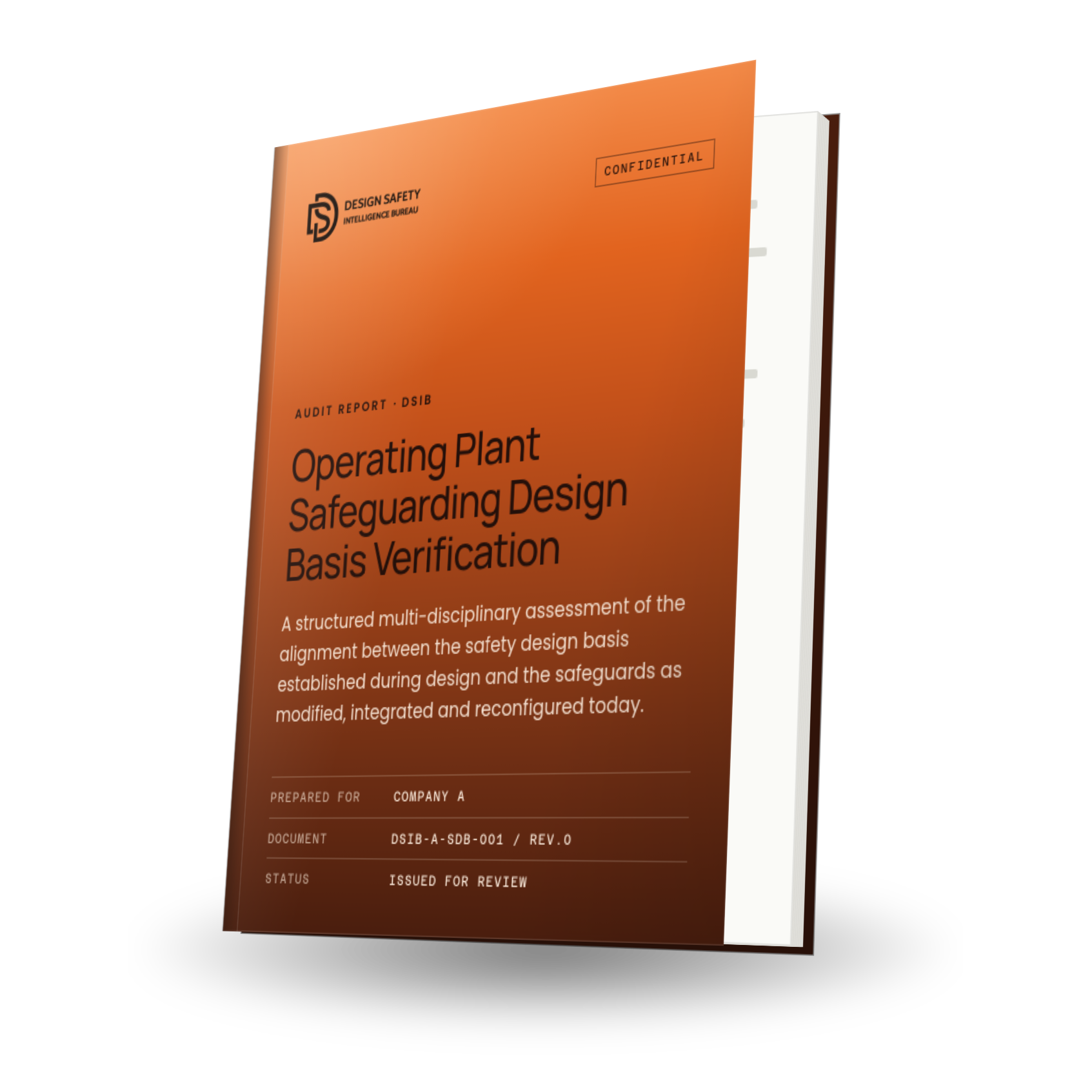 Close-up of an orange document cover titled 'Operating Plant Safeguarding Design Basis Verification,' with black text and the logo of Design Safety Intelligence Bureau, containing details like document number, revision, and review status.