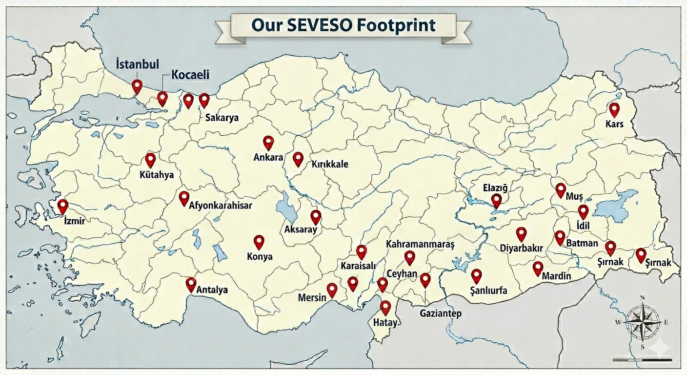 Map of Turkey showing key cities with red location pins, titled 'Our SEVESO Footprint.' Cities include Istanbul, Kocaeli, Sakarya, Kütahya, İzmir, Afyonkarahisar, Antalya, Konya, Mersin, Hatay, Gaziantep, Şanlıurfa, Mardin, Şırnak, Sirnak, Batman, İdil, Silvan, Erzurum, Kars, Elazığ, Muş, Diyarbakır, Sirnak, and other regional locations.