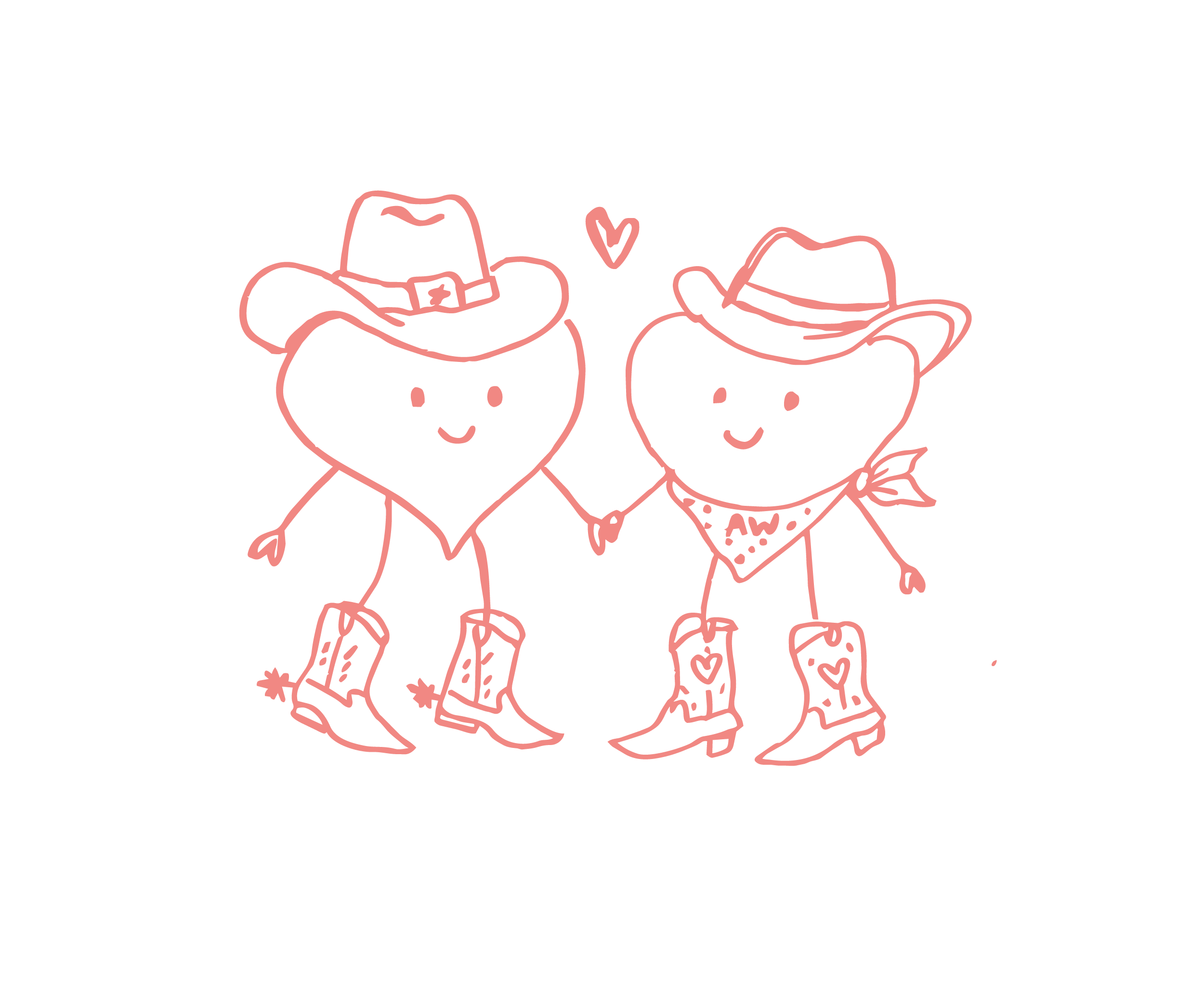Neon outline drawing of two cowgirls holding hands, wearing hats, boots, and bandanas, with a small heart between them on a black background.