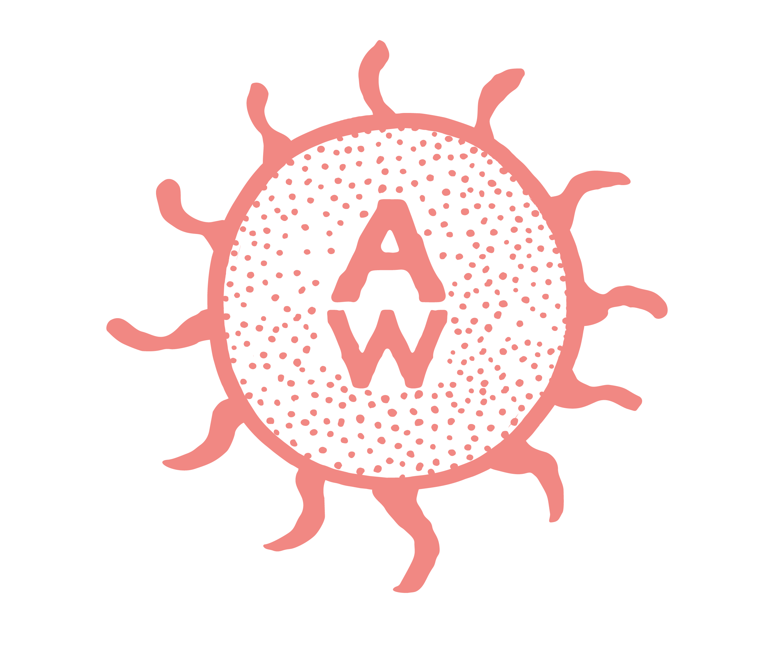 A stylized graphic of a virus with a skull face in pink on a black background.