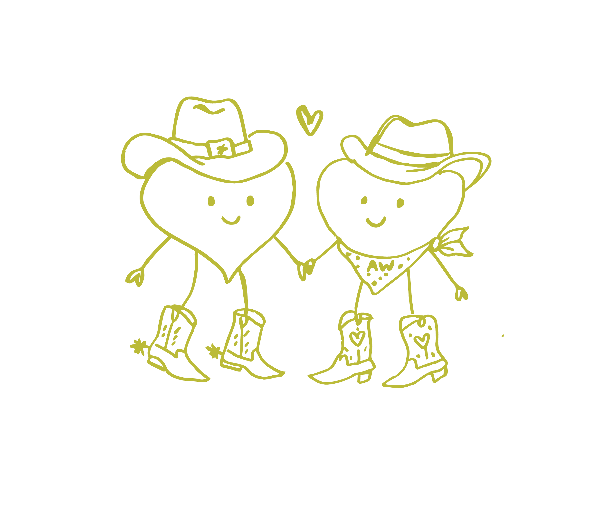 Line drawing of two smiling cartoon cowgirls holding hands, wearing cowboy hats, boots, and bandanas, with a heart symbol between them.