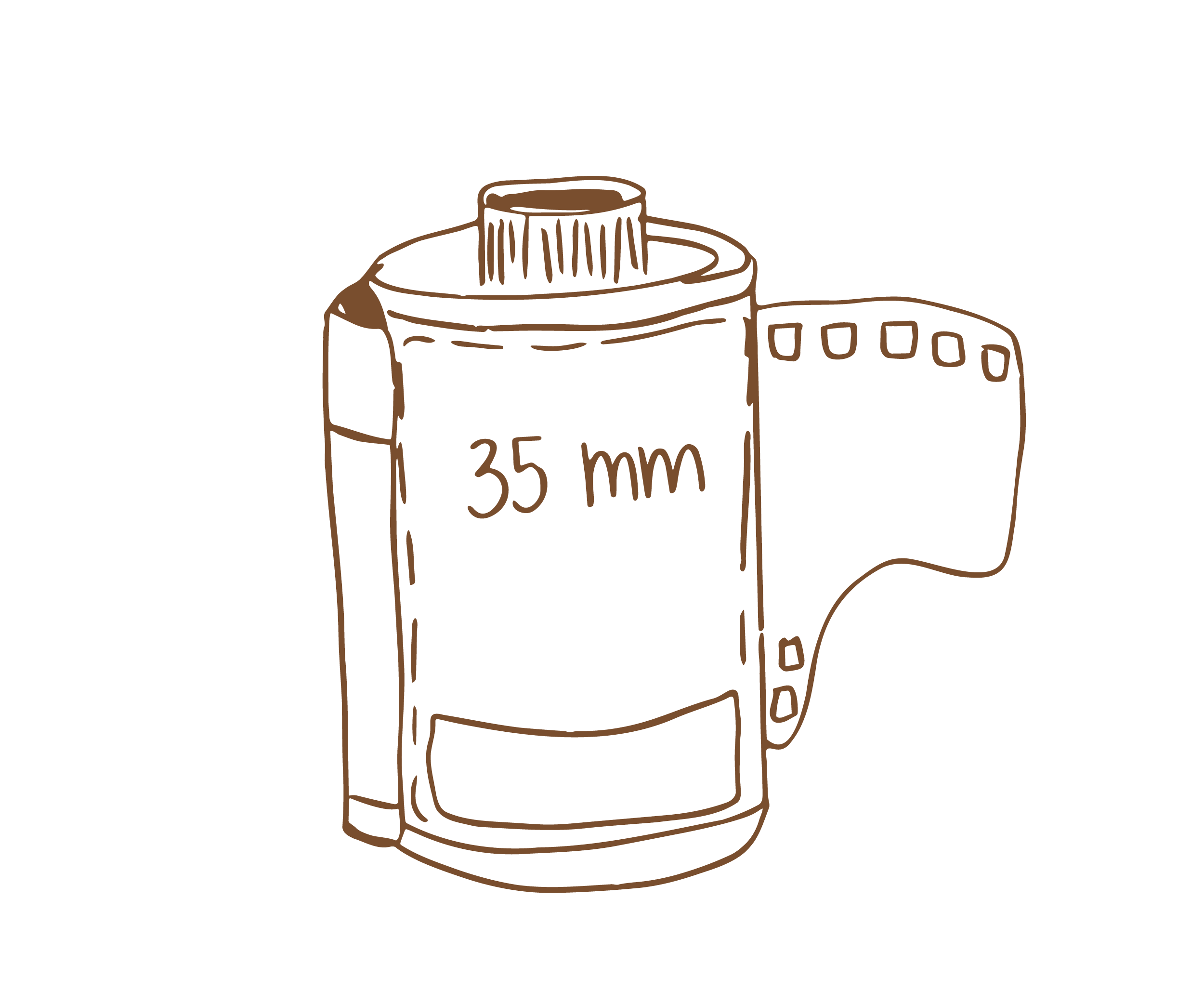 Line drawing of a film canister with a 35mm film roll inserted