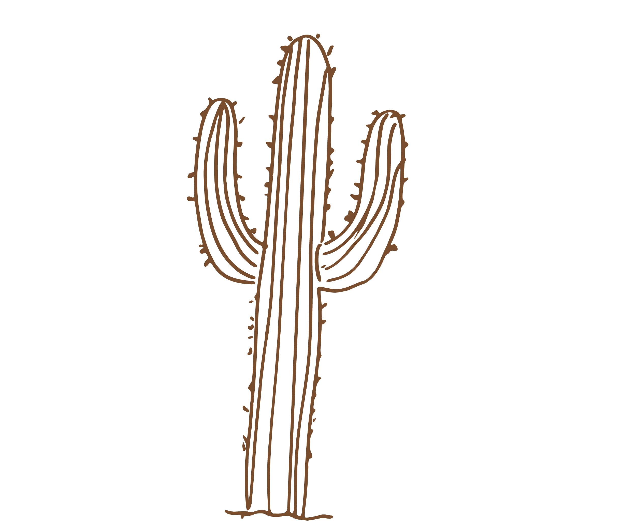 Brown line drawing of a cactus with multiple arms on a black background.