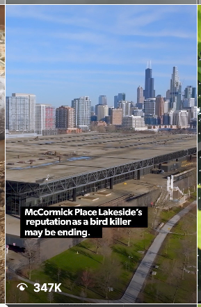 Chicago skyline with buildings and blue sky, McCormick Place Lakeside with train tracks and walking path in foreground.
