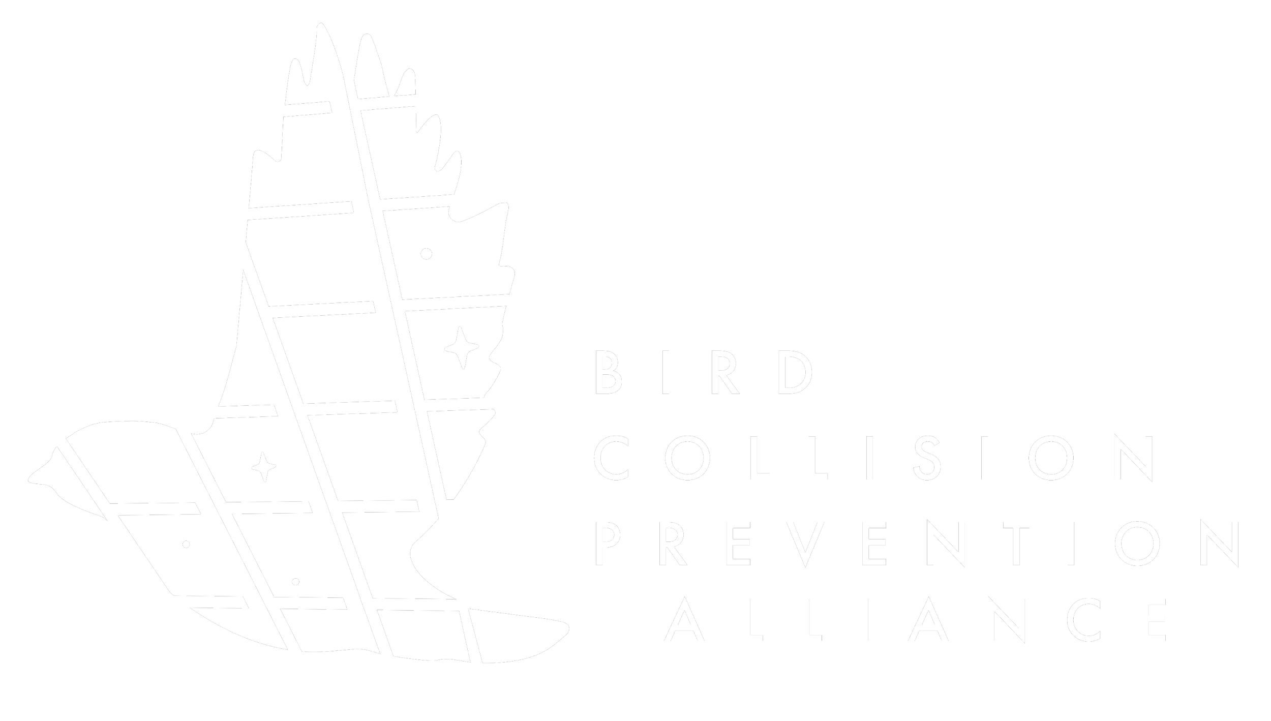 Black and white logo of a stylized bird made of abstract shapes with stars, next to the text "Bird Collision Prevention Alliance" arranged in four lines.