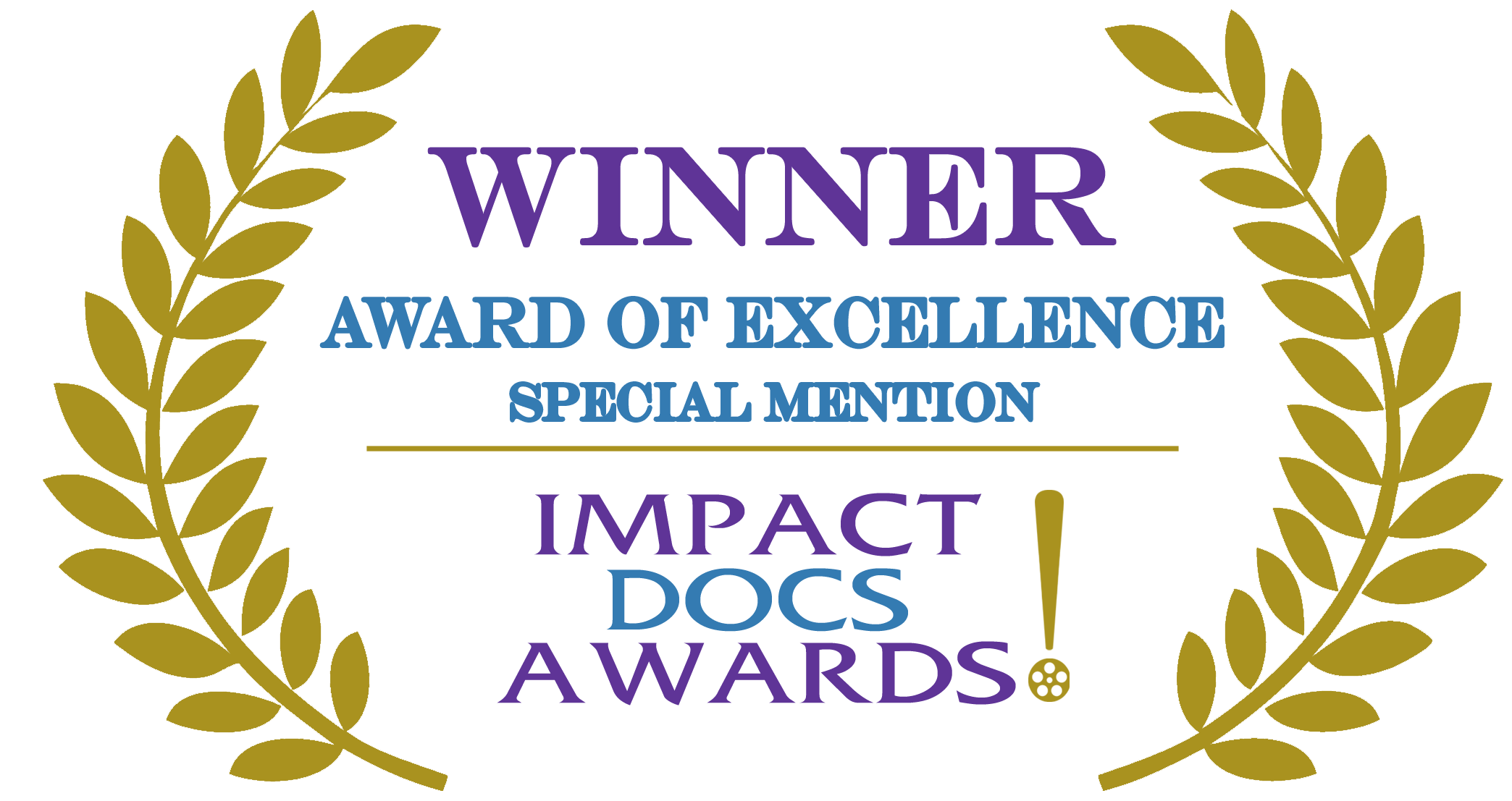 Award badge with laurels, text reads 'Winner Award of Excellence Special Mention Impact Docs Awards'.