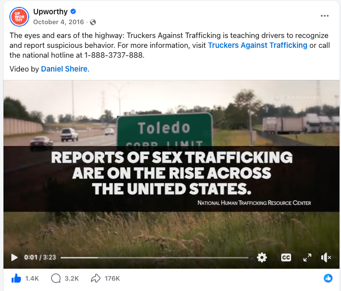 Video thumbnail showing highway scenery with a green Toledo sign and overlay text reporting that sex trafficking reports are rising across the United States, from the National Human Trafficking Resource Center.