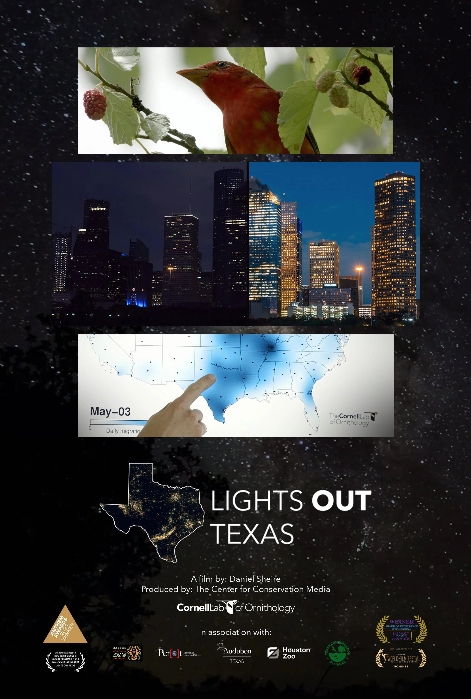 Poster for the documentary film "Lights Out Texas" by Daniel Sheire, produced by the Center for Conservation Media, featuring images of a bird, a city skyline at night, a map showing bird migration patterns, and a lit-up map of Texas at night with the title and credits.