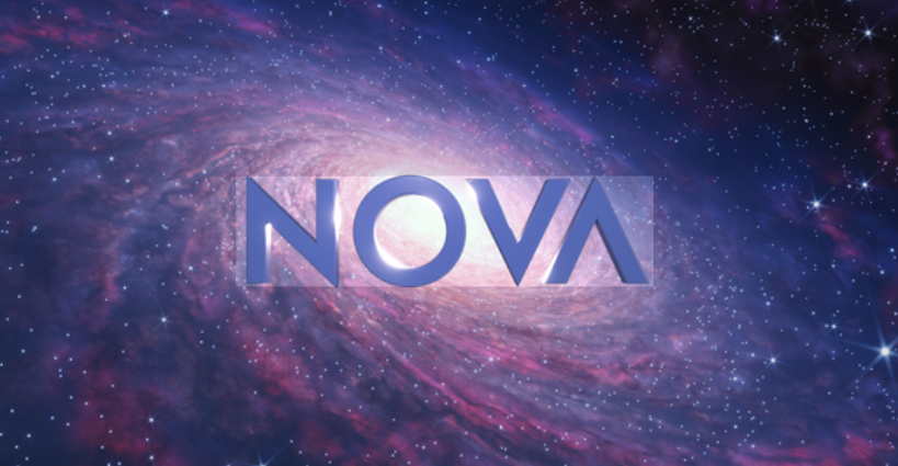 The word 'NOVA' displayed in front of a galaxy with stars and cosmic dust.