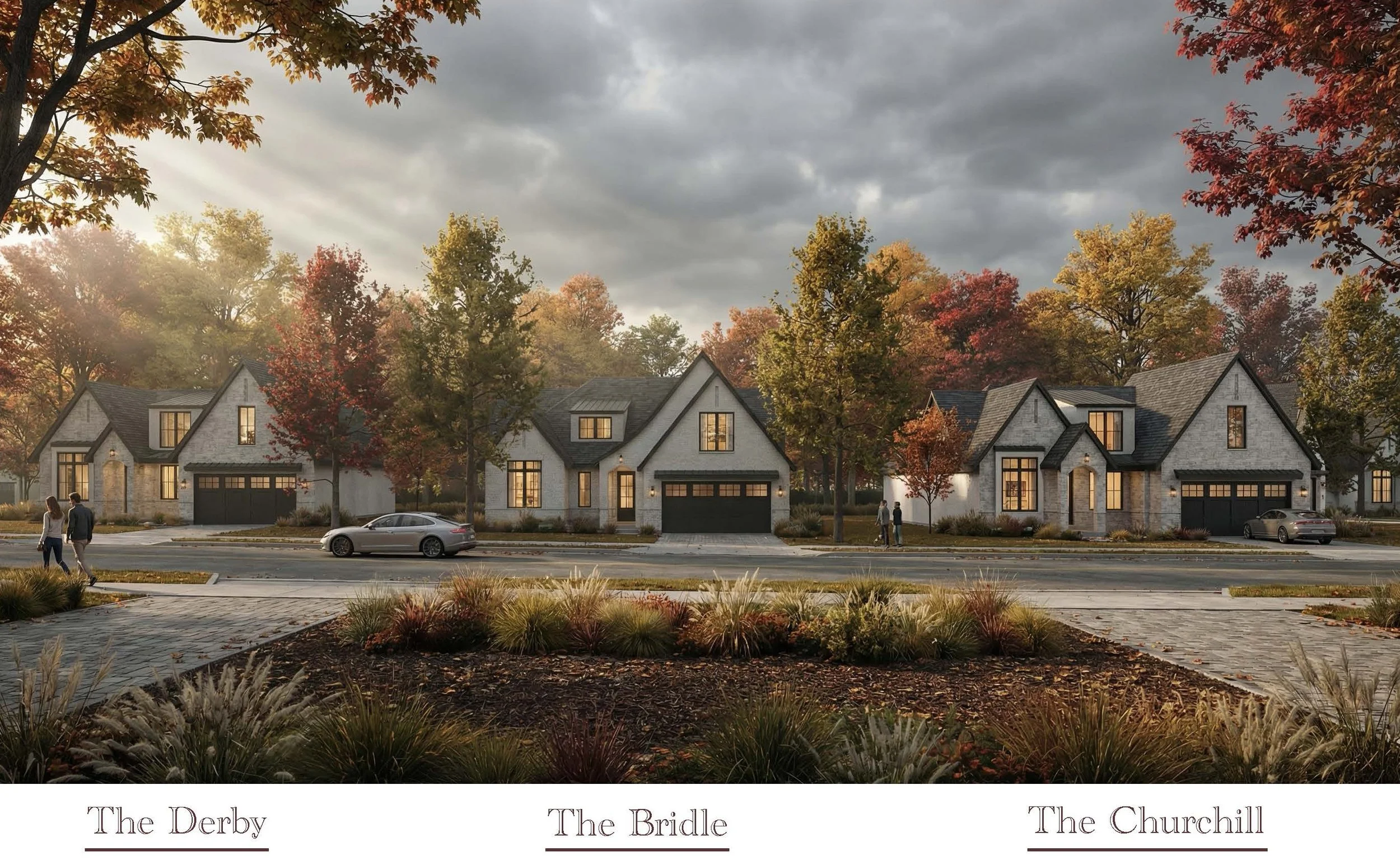 A row of modern white houses with dark roofs and large windows, set against a backdrop of trees with colorful autumn leaves under a cloudy sky, with cars parked in front and people walking on the sidewalk.