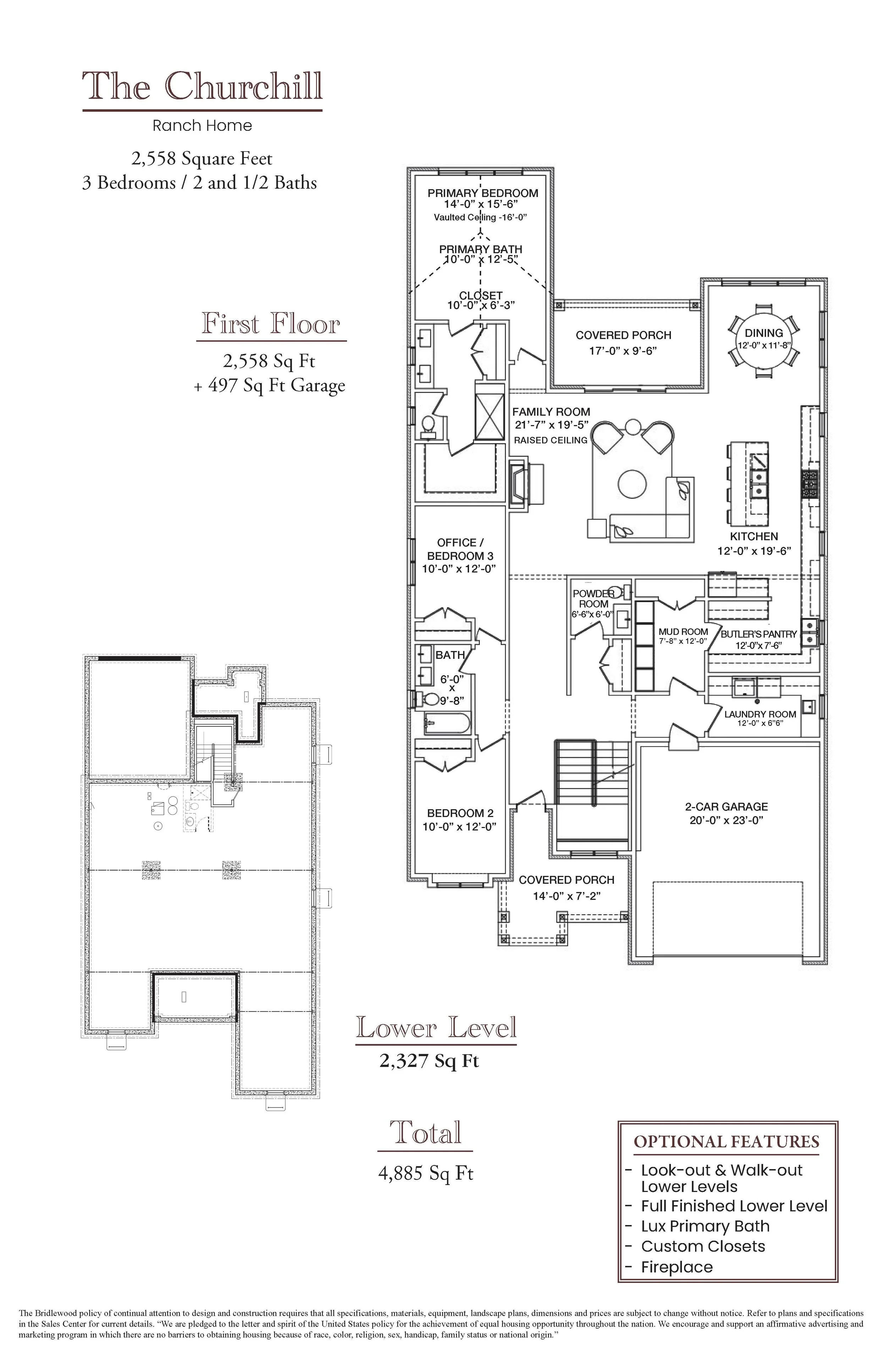 Floor plan of a ranch home showing the layout of the lower level and main level including rooms, dimensions, and optional features.