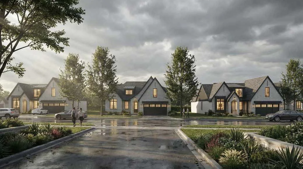 Row of modern houses on a rainy day with wet pavement, parked cars, and people walking, under a cloudy sky.