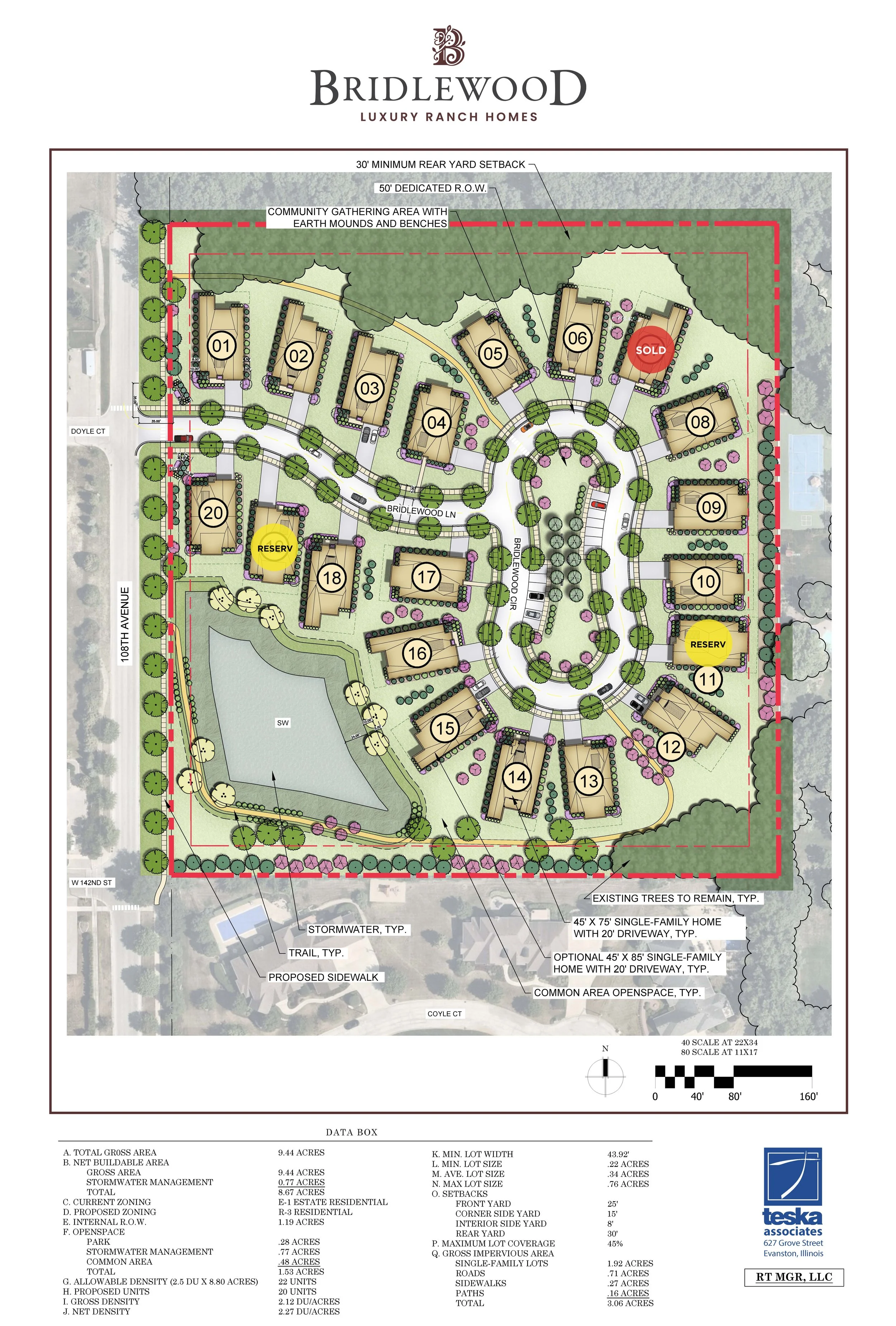 Site plan of Bridlewood luxury ranch homes with numbered houses, green spaces, trees, and a community gathering area with earth mounds and benches.