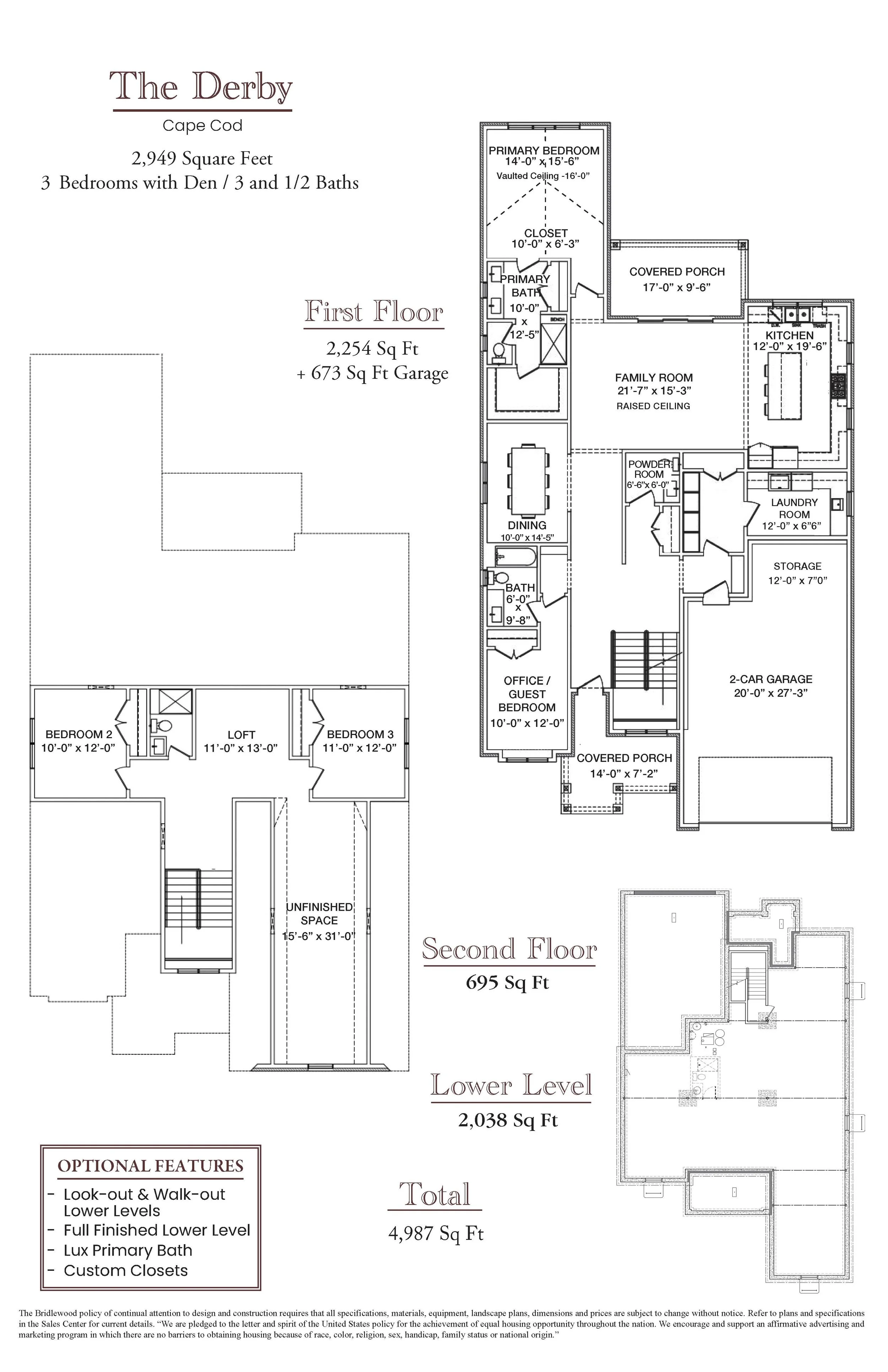 Floor plan of a house showing the layout of the first floor, second floor, and lower level, with room dimensions and labels, including bedrooms, bathrooms, kitchen, family room, office, storage, garage, and outdoor areas.