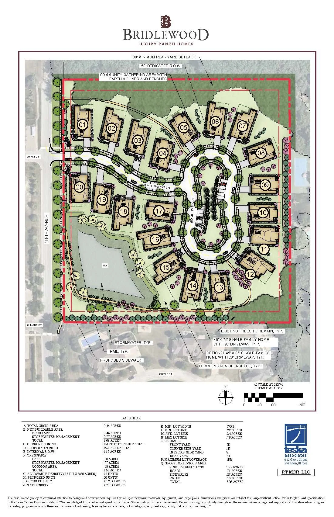 Site plan of Bridlewood luxury ranch homes, showing layout of buildings, roads, green spaces, trees, and designated areas for stormwater management and community gathering.
