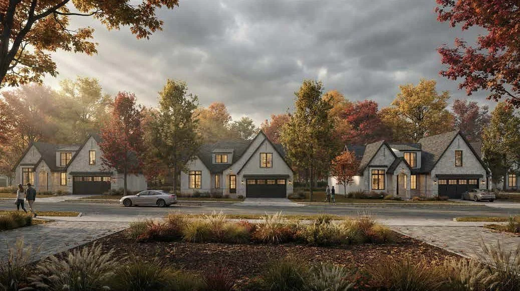 Residential neighborhood with houses, trees with autumn foliage, cars on the street, and cloudy sky.