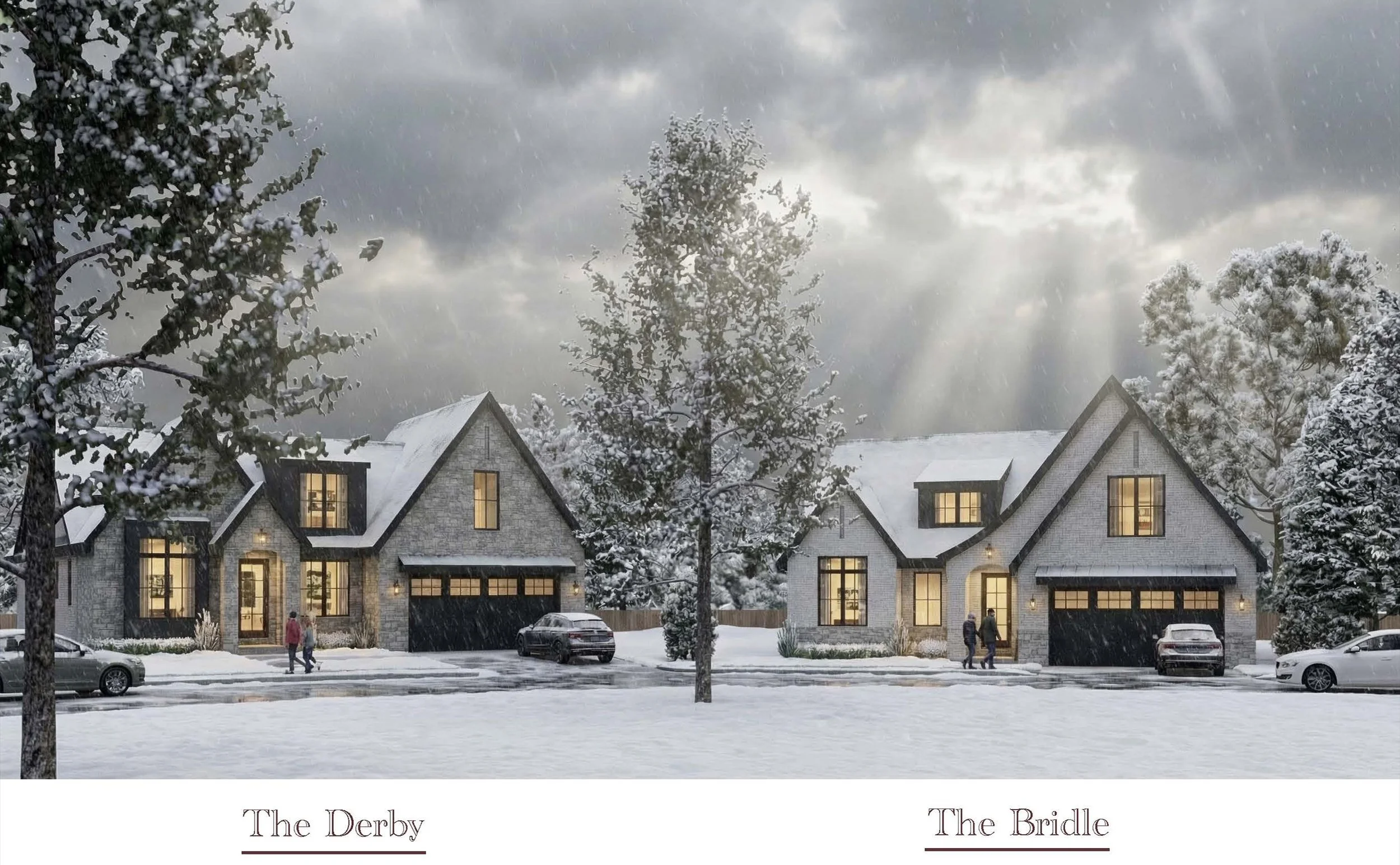 Snow-covered houses with large windows, surrounded by snow, trees, and parked cars during snowfall in winter evening.