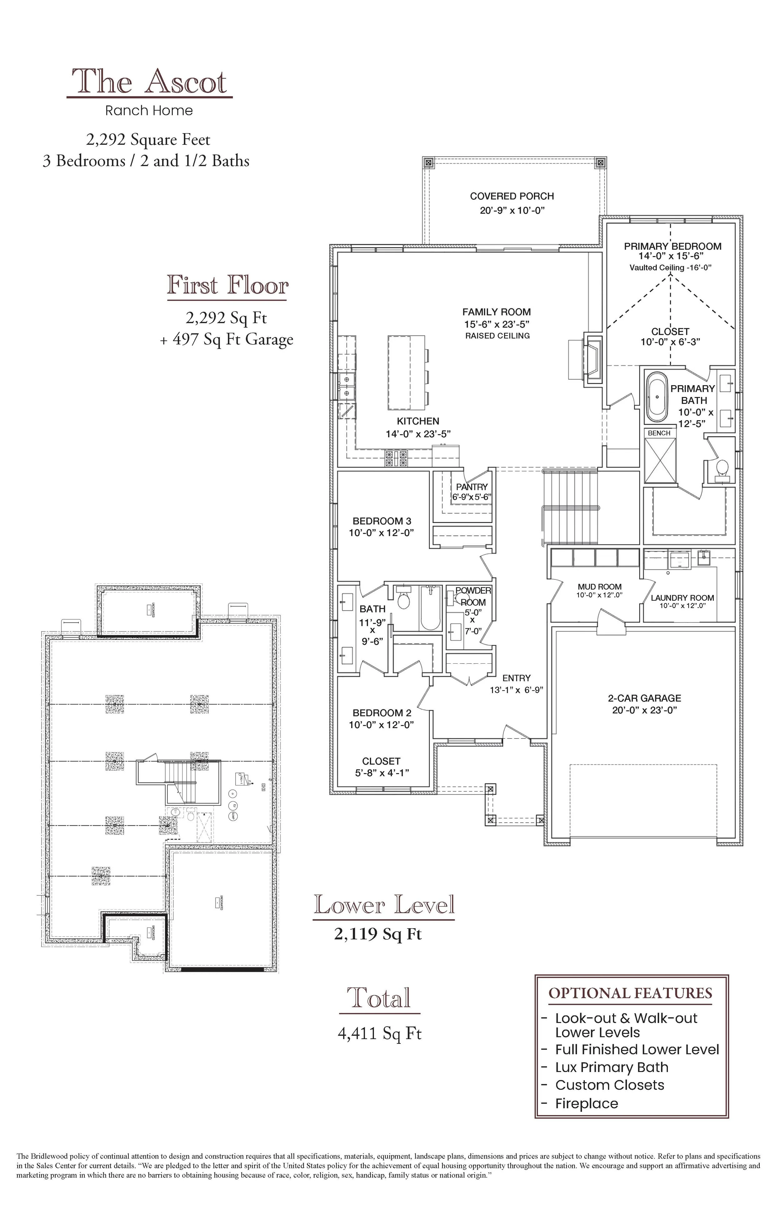 Floor plan of a ranch-style home named The Ascot. It shows the layout of the main and lower levels, with details about each room, dimensions, and optional features.