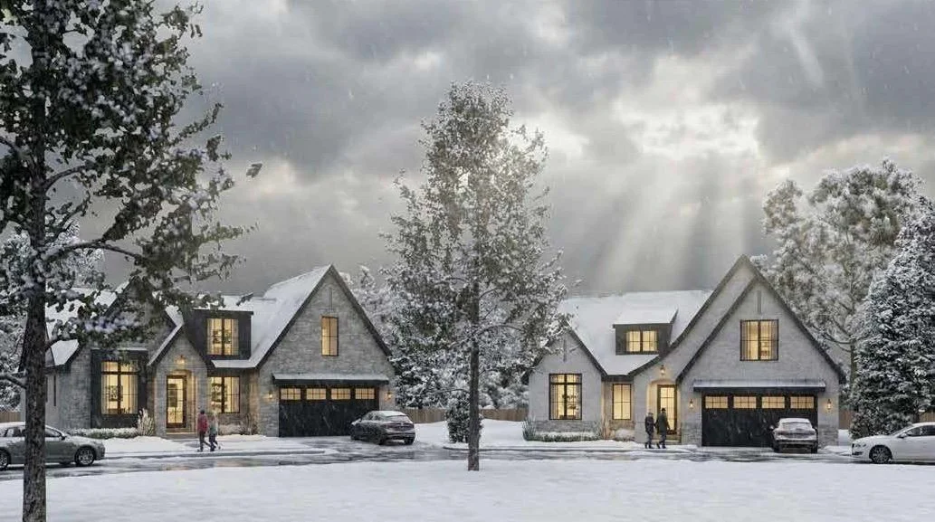 A snowy residential neighborhood with two modern houses, illuminated windows, several cars parked in driveways and on the street, and two people walking. Snow covers the ground and trees, with gray clouds and rays of sunlight breaking through in the sky.