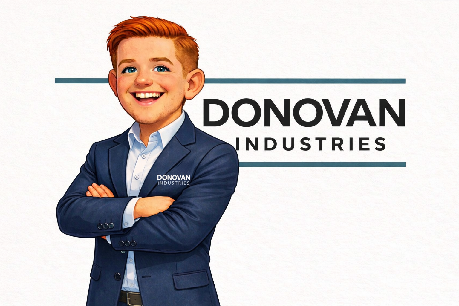 Animated image of a smiling young man with red hair in a business suit standing confidently with arms crossed in front of a white background that features the text 'D Donovan Industries'.