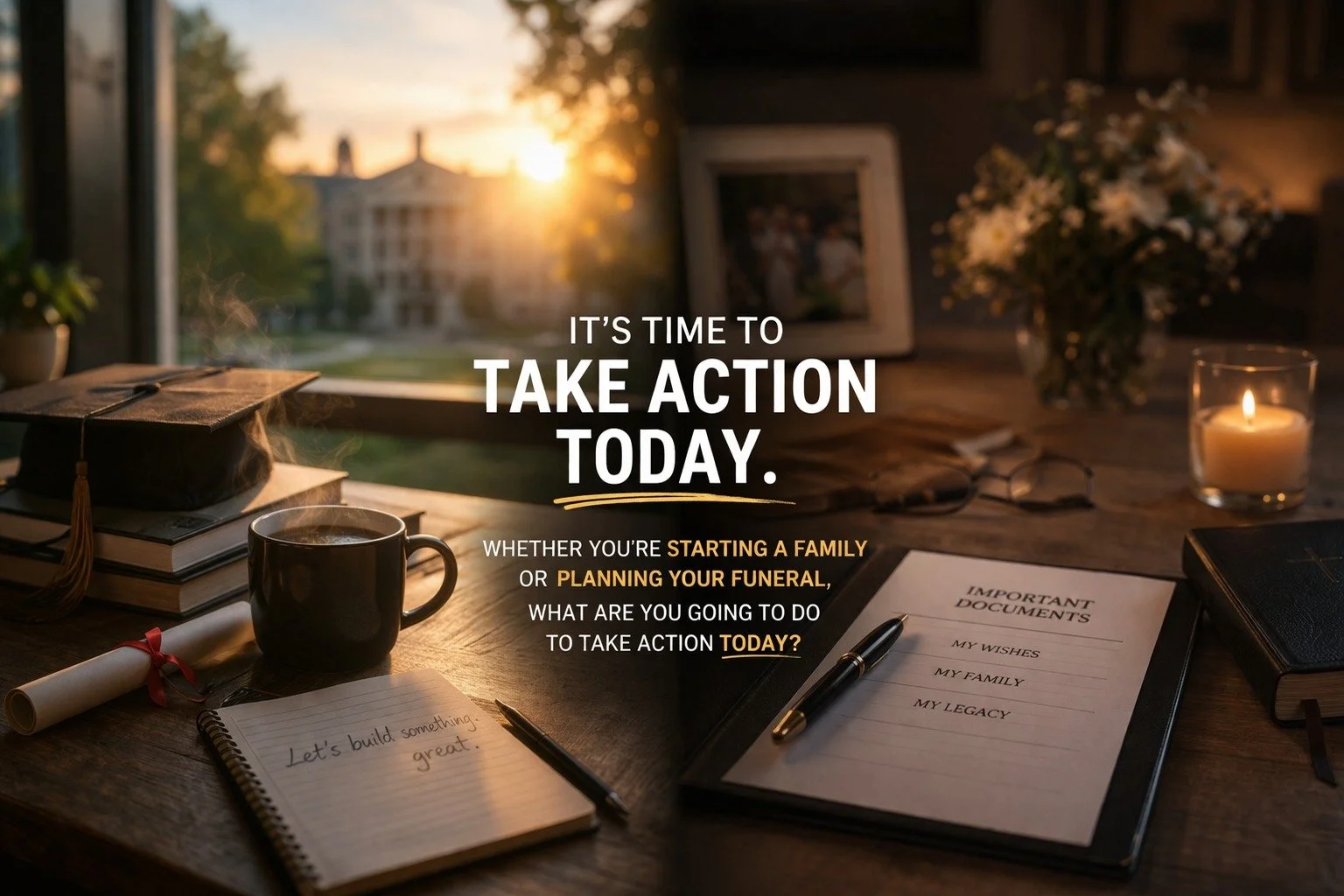 Decorative desk scene with a graduation cap, a steaming coffee mug, a notebook with 'Let's build something great' written inside, a clipboard with important documents, a pen, a rolled certificate tied with a red ribbon, an open book, and a lit candle, set near a window with a sunset view.