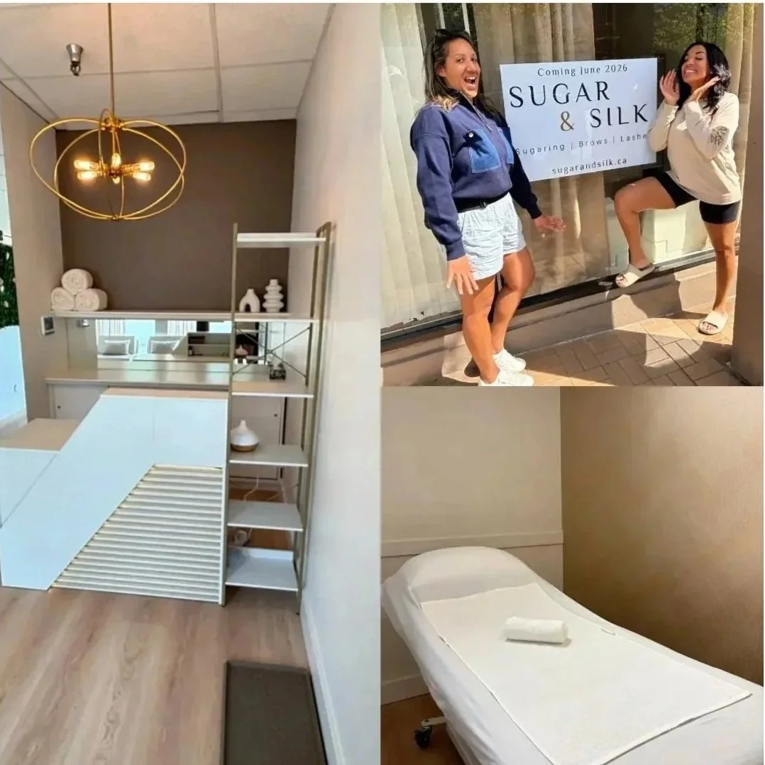 A collage of three images: the first shows a modern, minimalist interior space with a white table, shelving unit, and decorative items. The second features two women smiling and posing outdoors next to a sign that reads 'SUGAR & SILK,' promoting a business opening in June 2026. The third image depicts a blank examination or massage table with a rolled towel on it inside a room with neutral-colored walls.