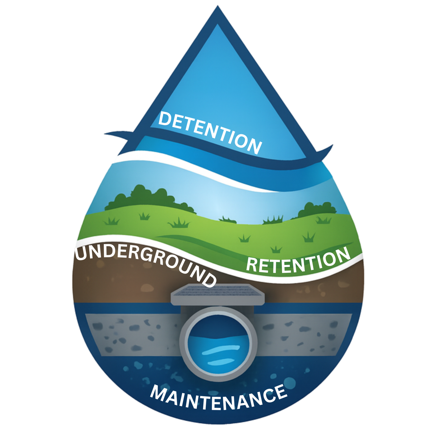 A water droplet graphic showing layers of storm water management: "Detention" at the top, a green landscape for "Retention," and "Underground Maintenance" featuring a drainage pipe.