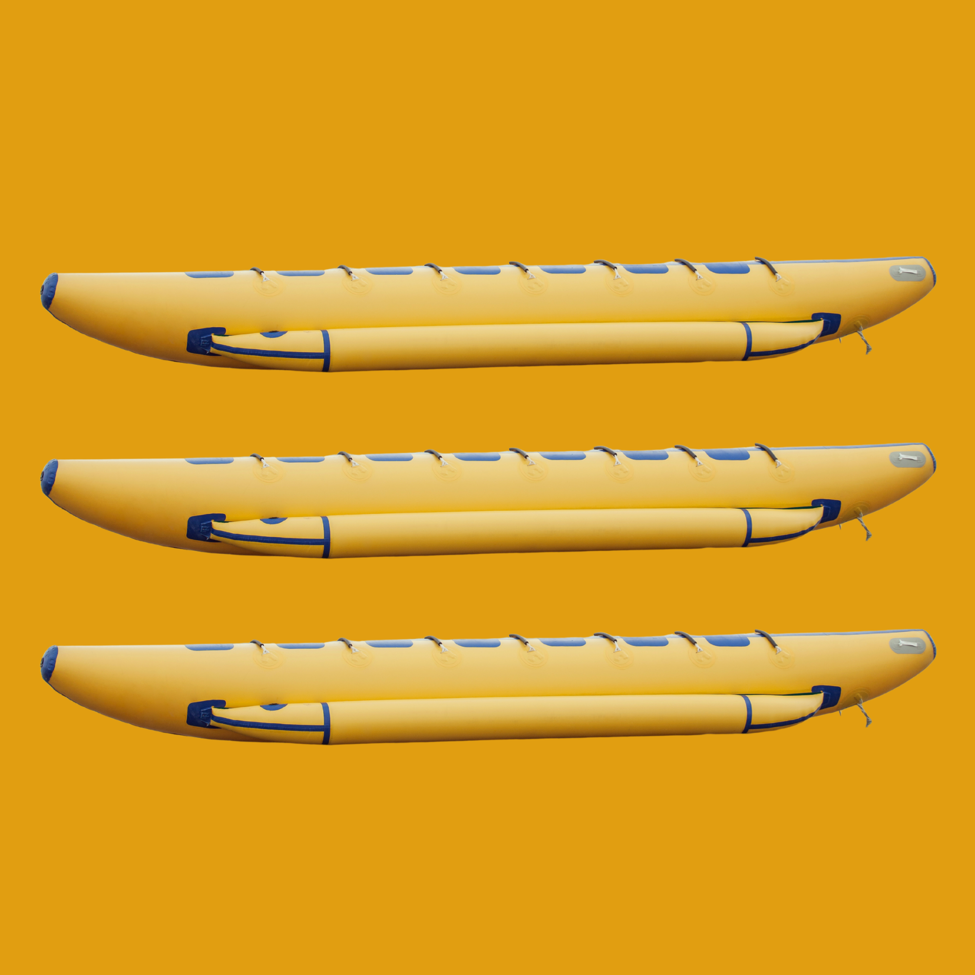 Three yellow inflatable kayaks lined up against a mustard yellow background.