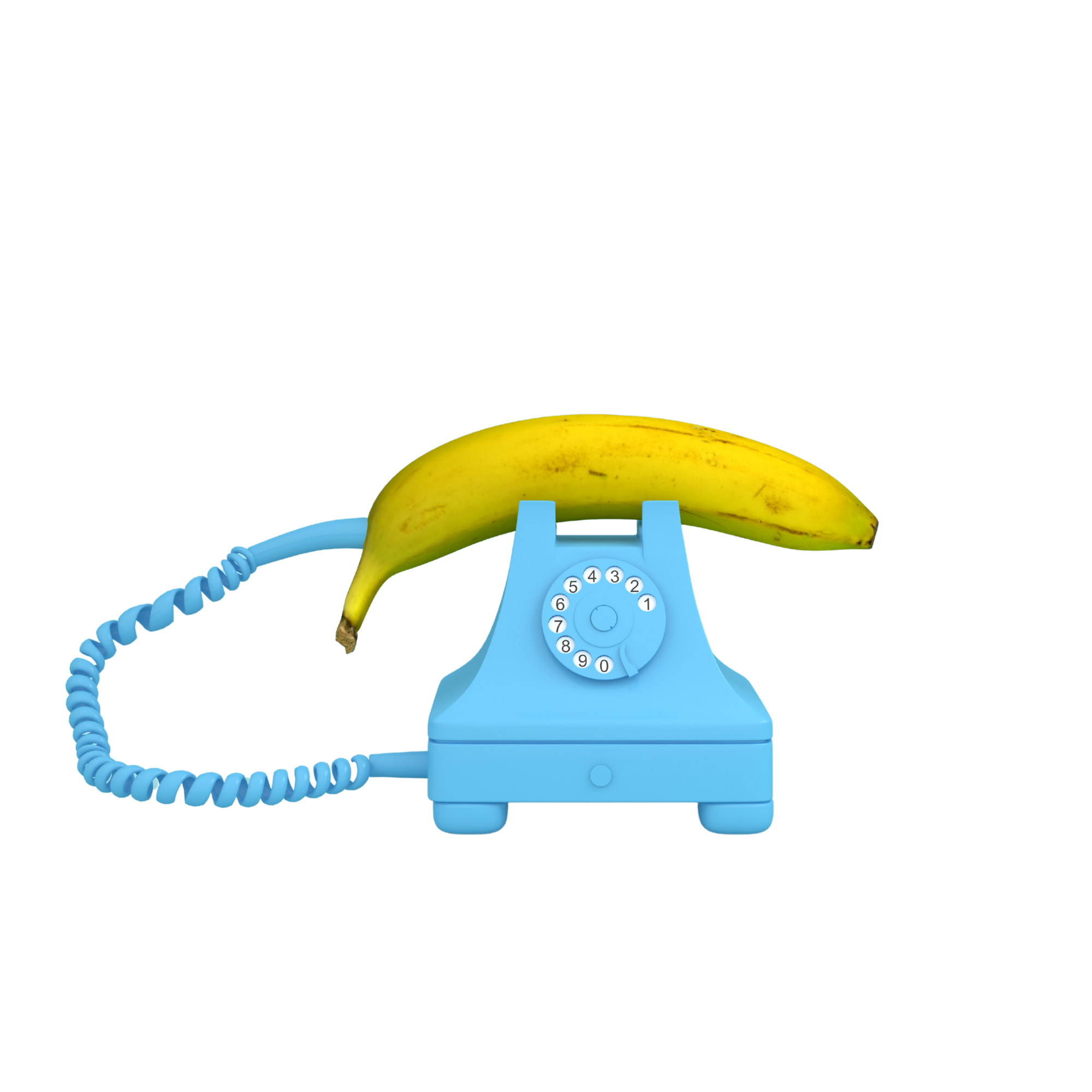 Blue rotary telephone with a yellow banana placed on top of it.