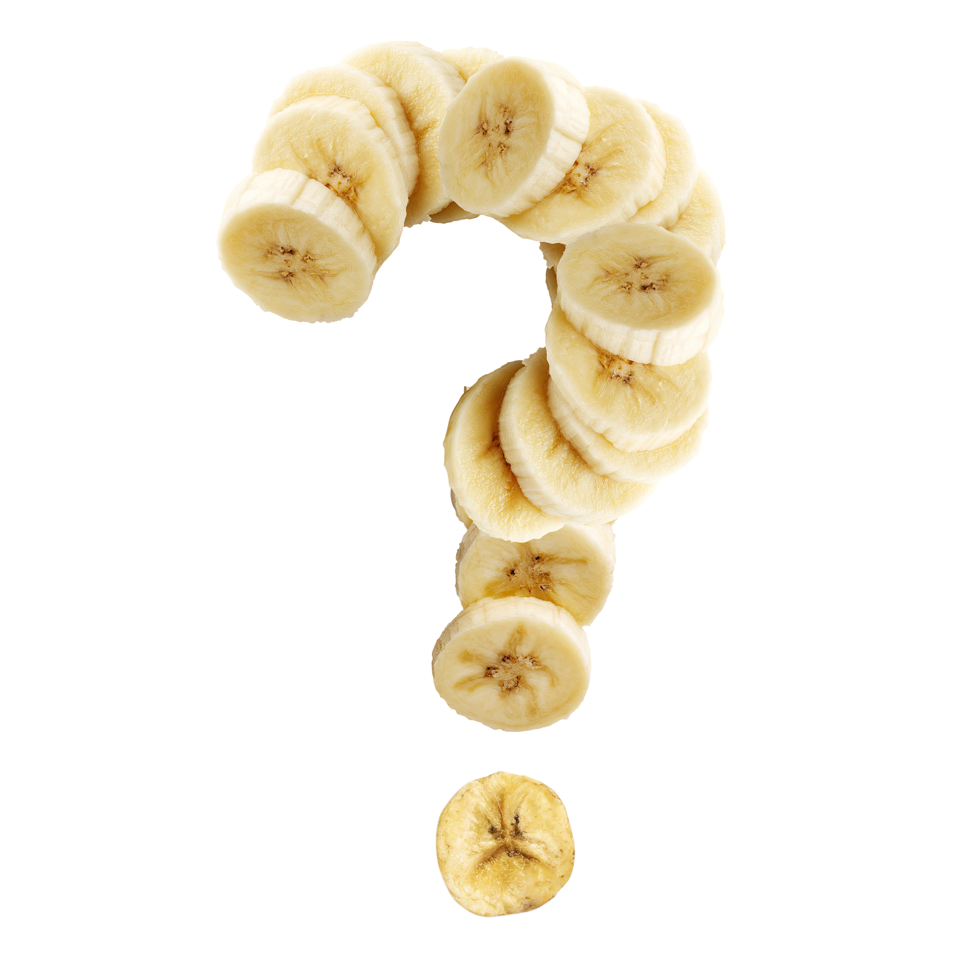 A question mark shape made from sliced bananas on a black background.