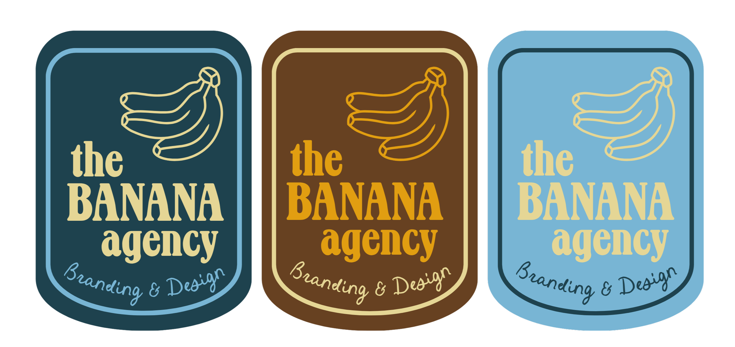 Three logo designs for the Banana Agency, each with a banana illustration at the top, the agency name in bold font in varying colors (blue, brown, light blue), and "Branding & Design" written at the bottom in cursive.