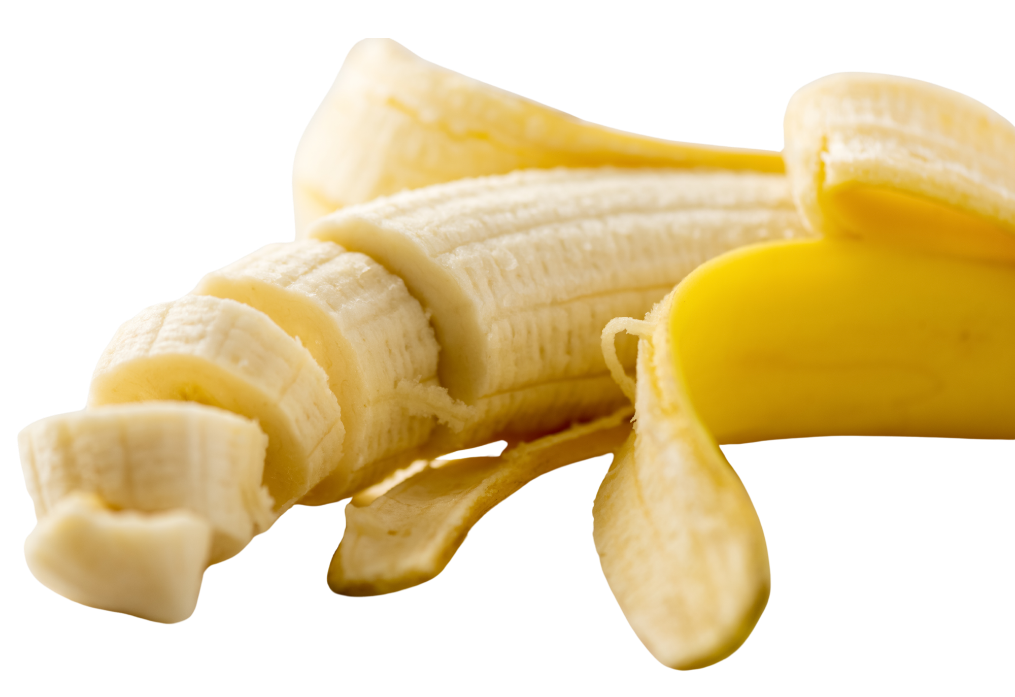 A peeled banana with slices and a partially peeled banana on it.