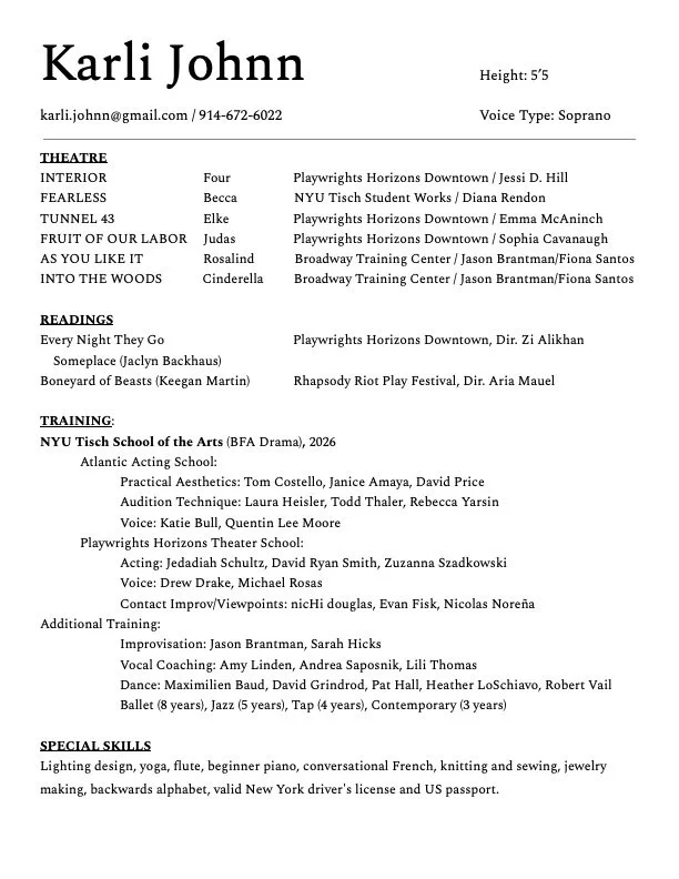 Resume of Karli Johnn, actor, dancer, and lighting designer