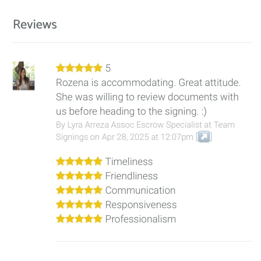 Customer review page with five-star ratings for a service provider, including comments about accommodating attitude, punctuality, friendliness, communication, responsiveness, and professionalism.