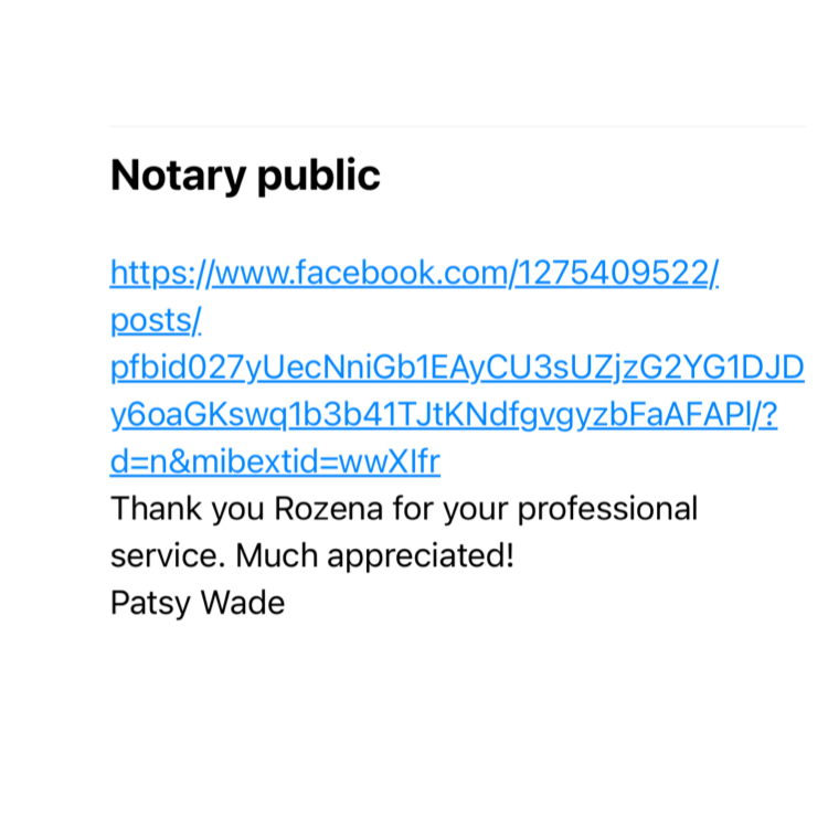A thank you note for a professional notary service from Patsy Wade, including a Facebook link.