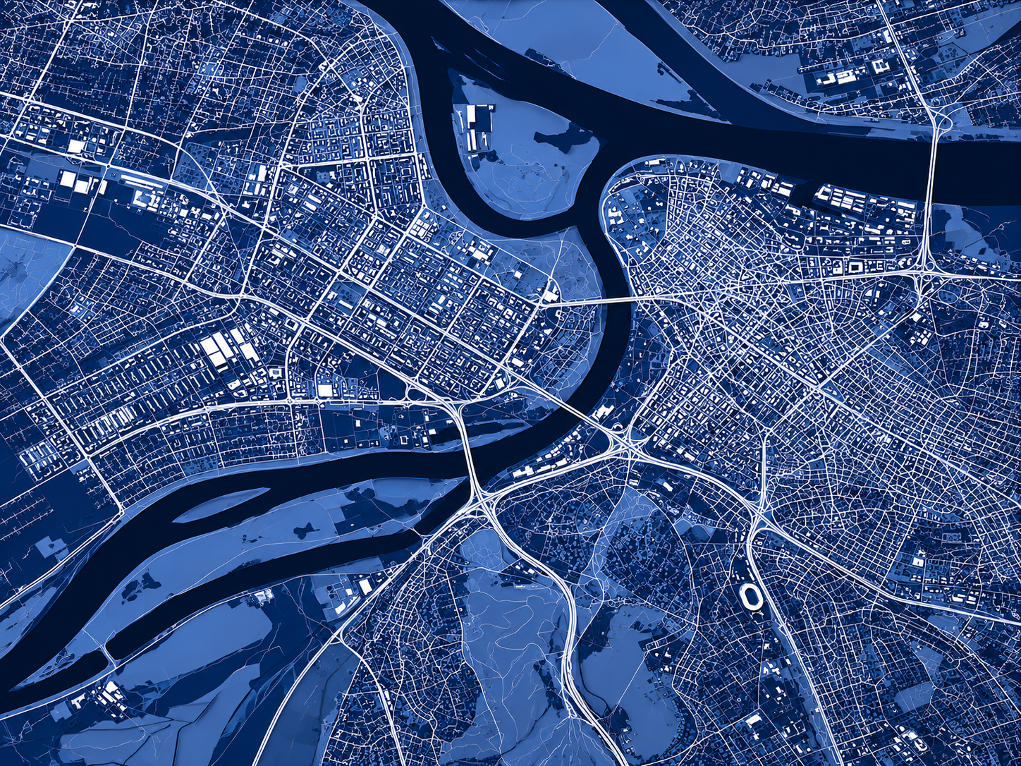 Blue stylized map of Belgrade.
