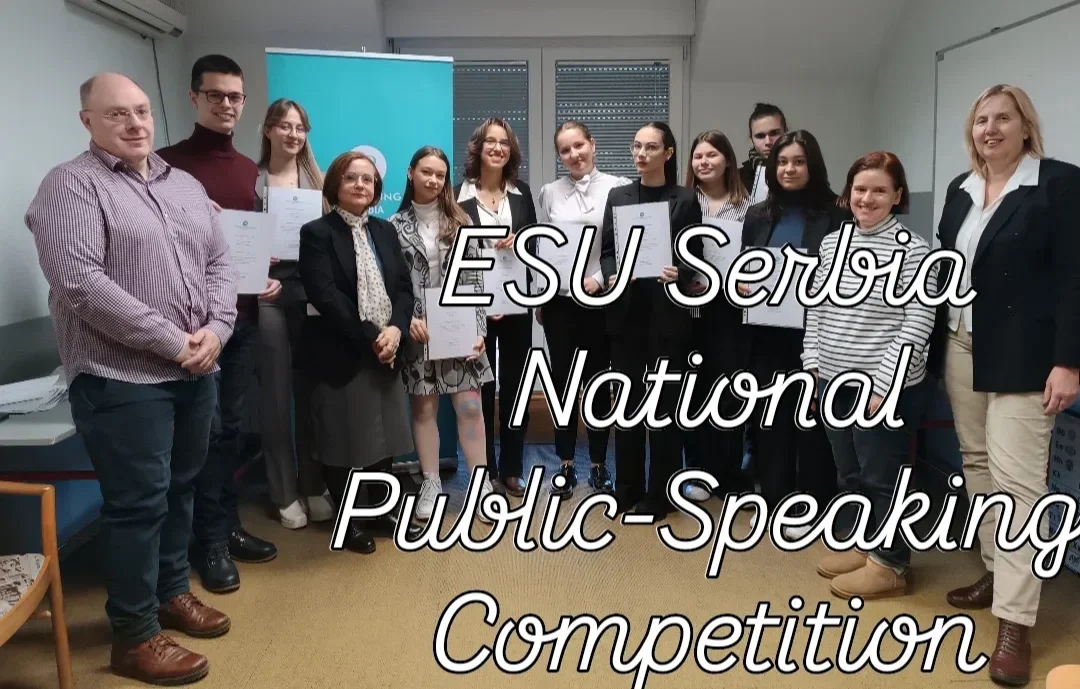Group of participants holding certificates, with ESU Serbia team, at ESU Serbia National Public Speaking Competition.
