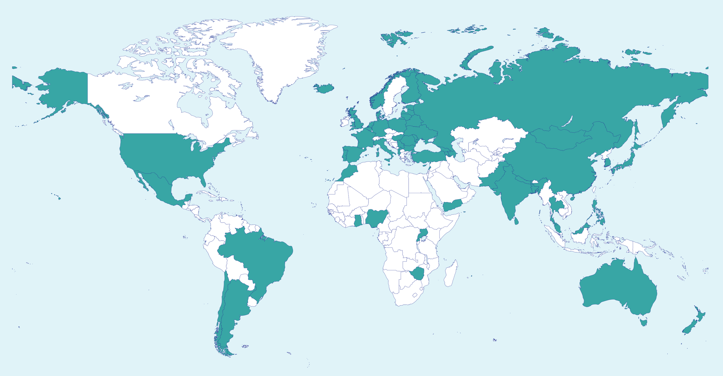 World map highlighting ESU participating countries