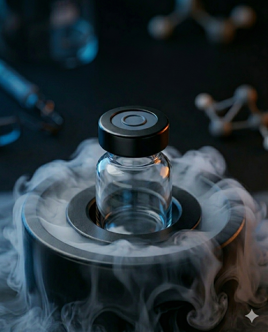 Close-up of a small glass vial on a metal stand surrounded by dry ice smoke, with laboratory equipment blurred in the background.