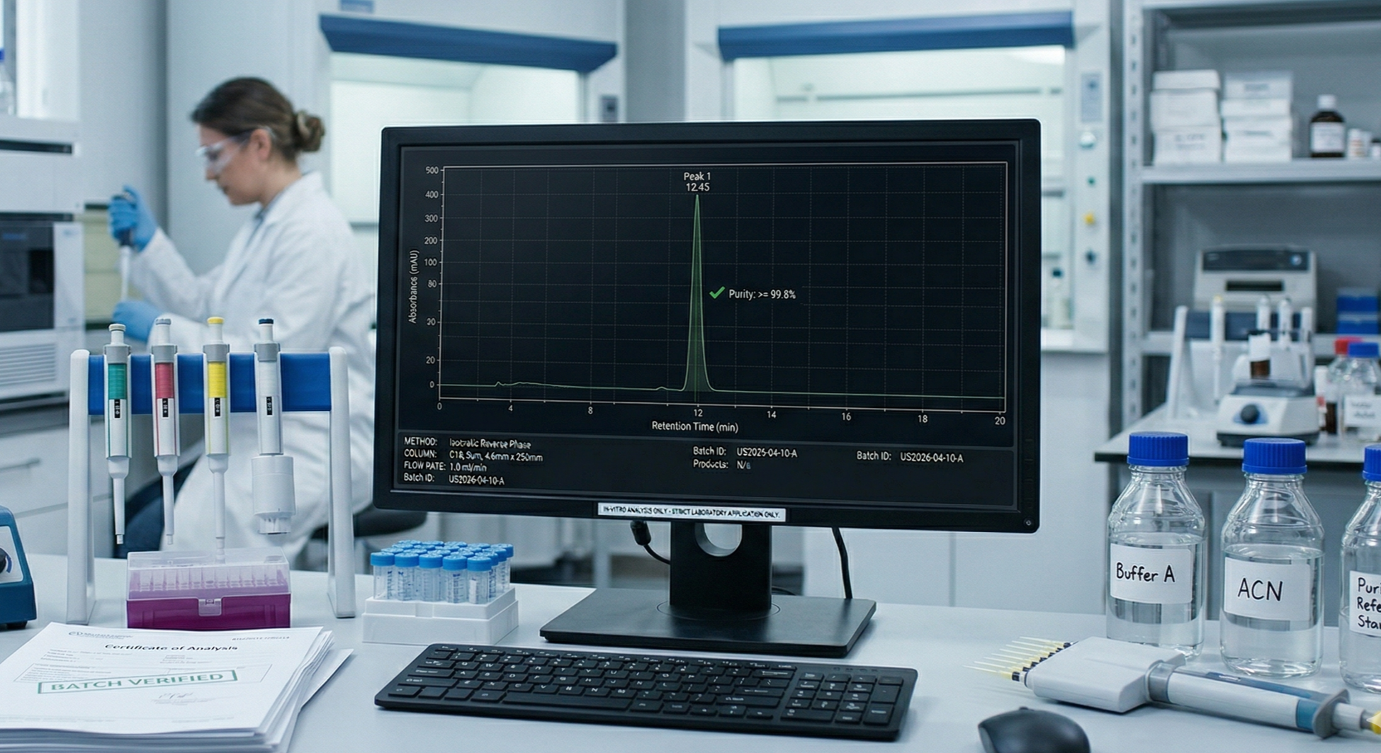 Laboratory with scientist working and computer monitor displaying peaks of a chromatogram showing purity levels of a sample.